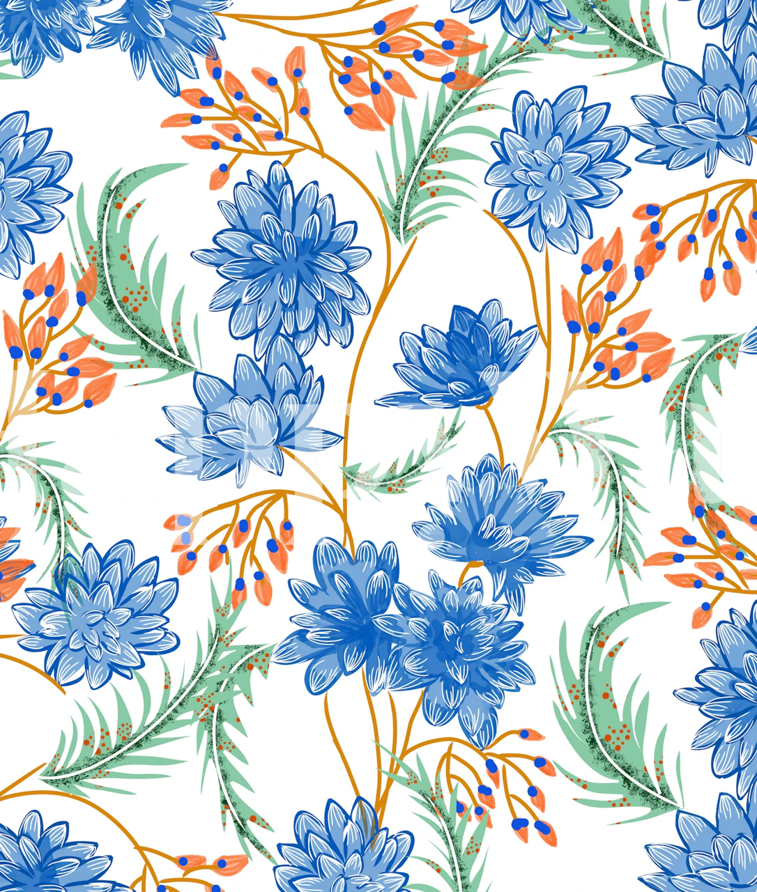 Blue floral pattern with green foliage on white background wallpaper