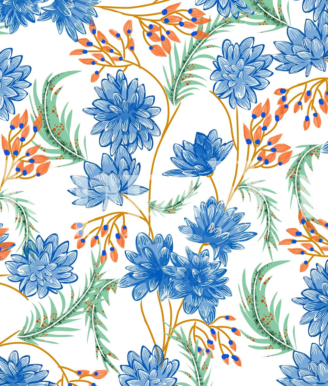 Blue floral pattern with green foliage on white background wallpaper