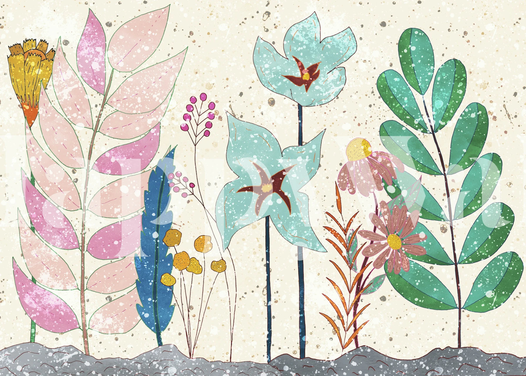 Colorful floral designs on a beige background wallpaper