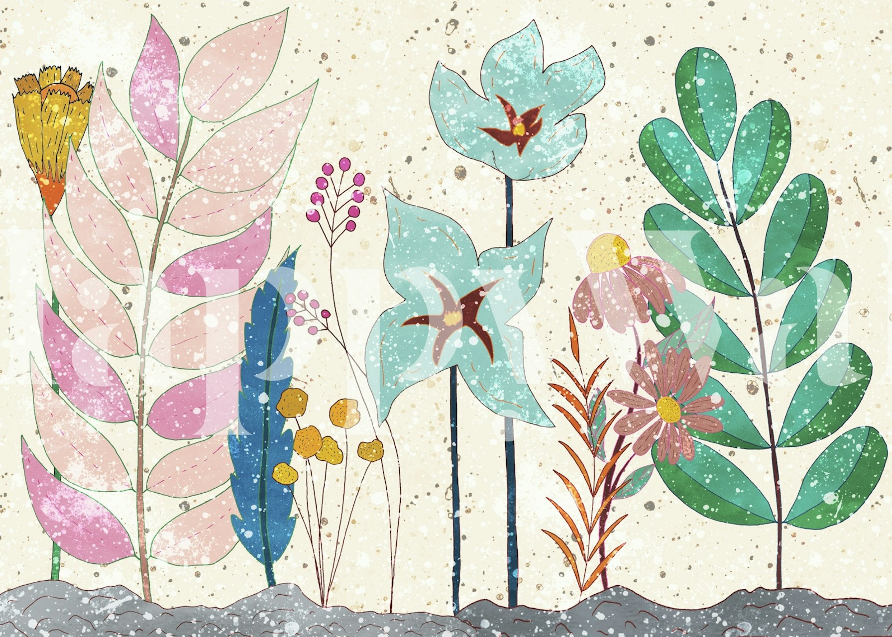 Colorful floral designs on a beige background wallpaper