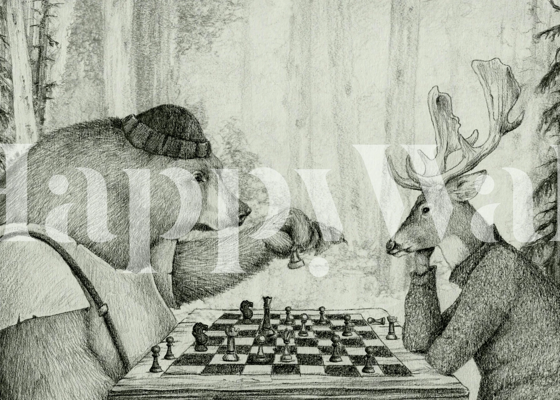 Wild Chess BW wallpaper featuring bear and deer
