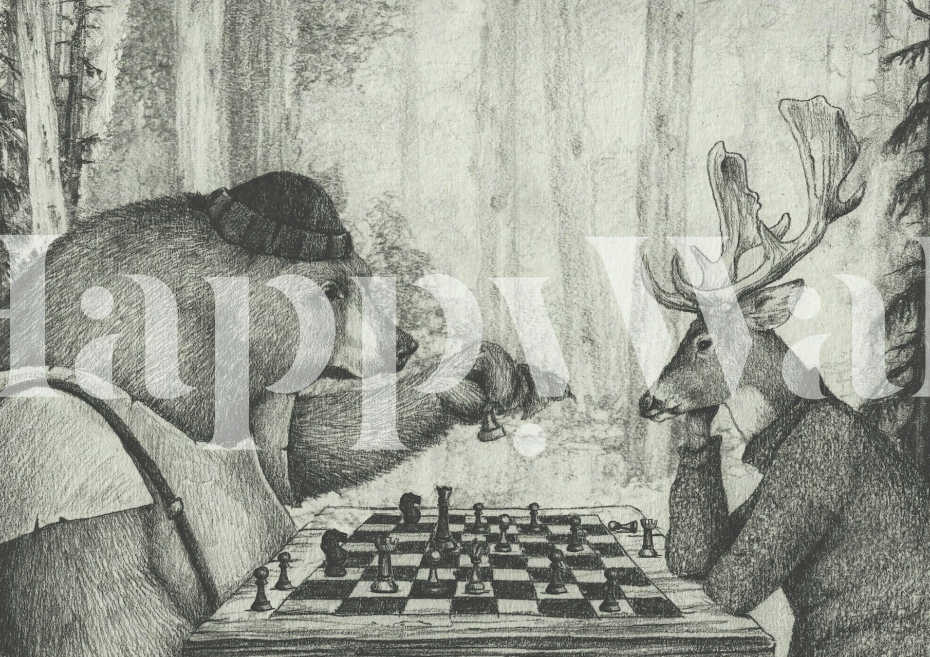 Black and white animal chess wallpaper in room