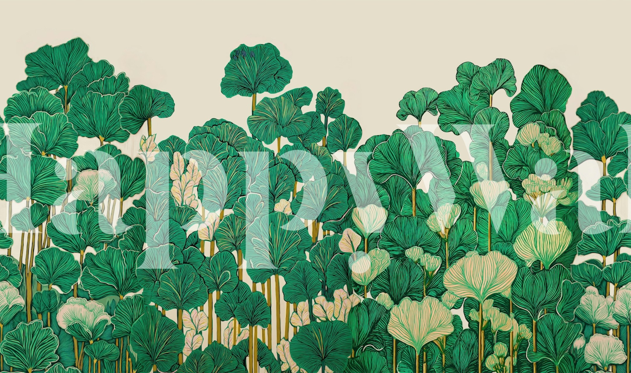 Tapeta Green Vintage Linocut Ginkgo Grove u sobi