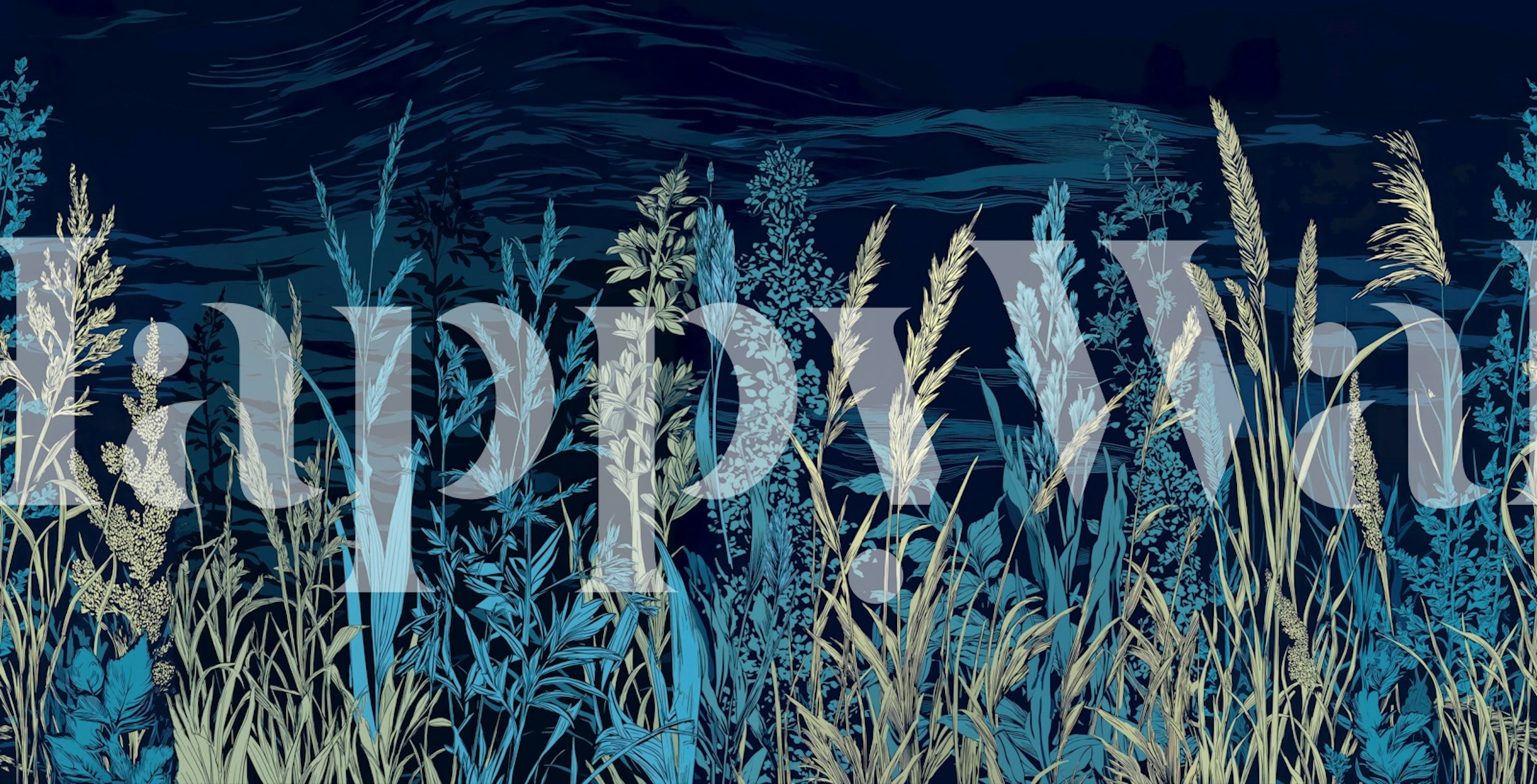 Design della carta da parati di erbe selvatiche blu in una stanza