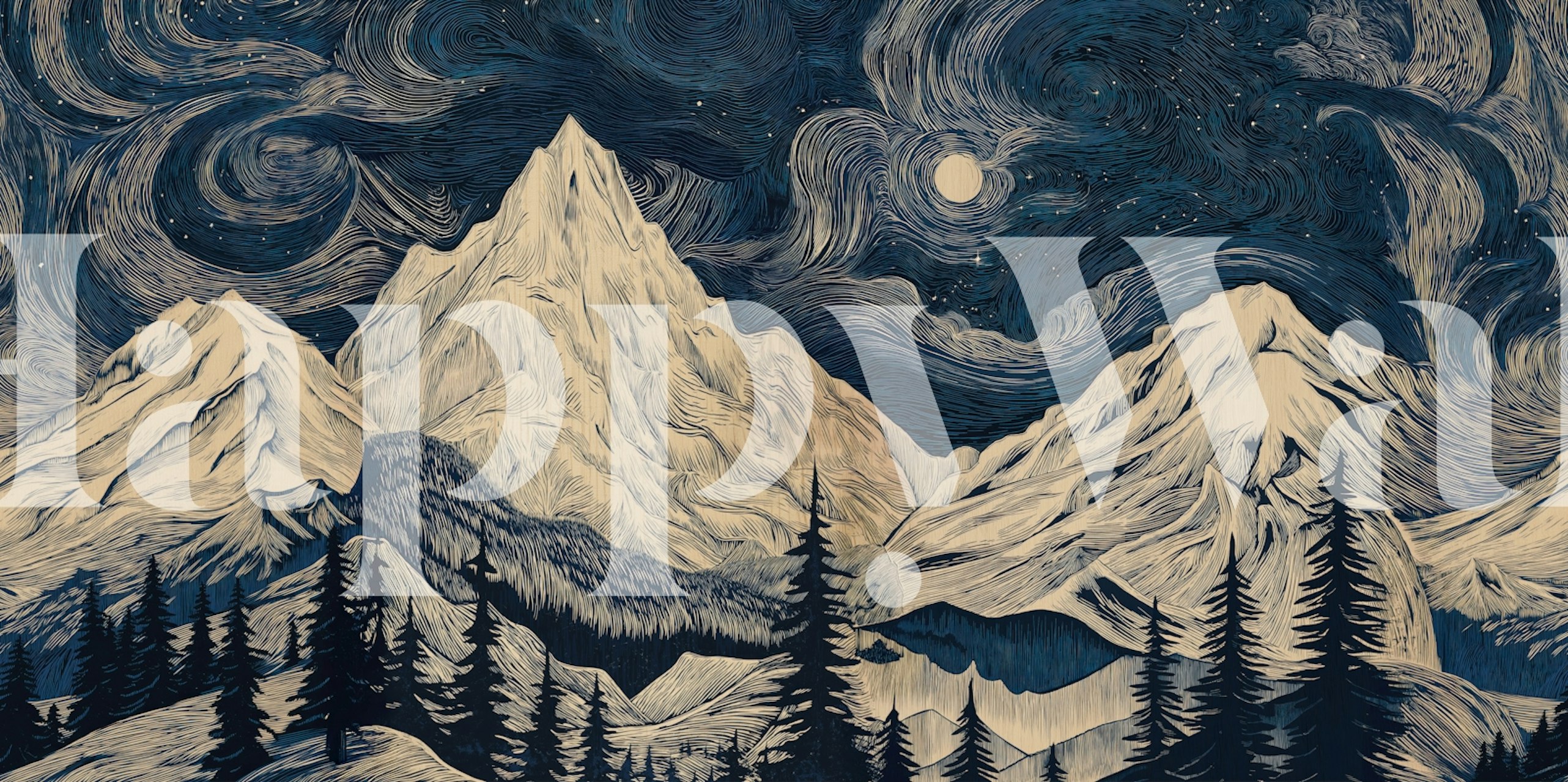 Vintage linocut alpine mountains mural in blue and white wallpaper