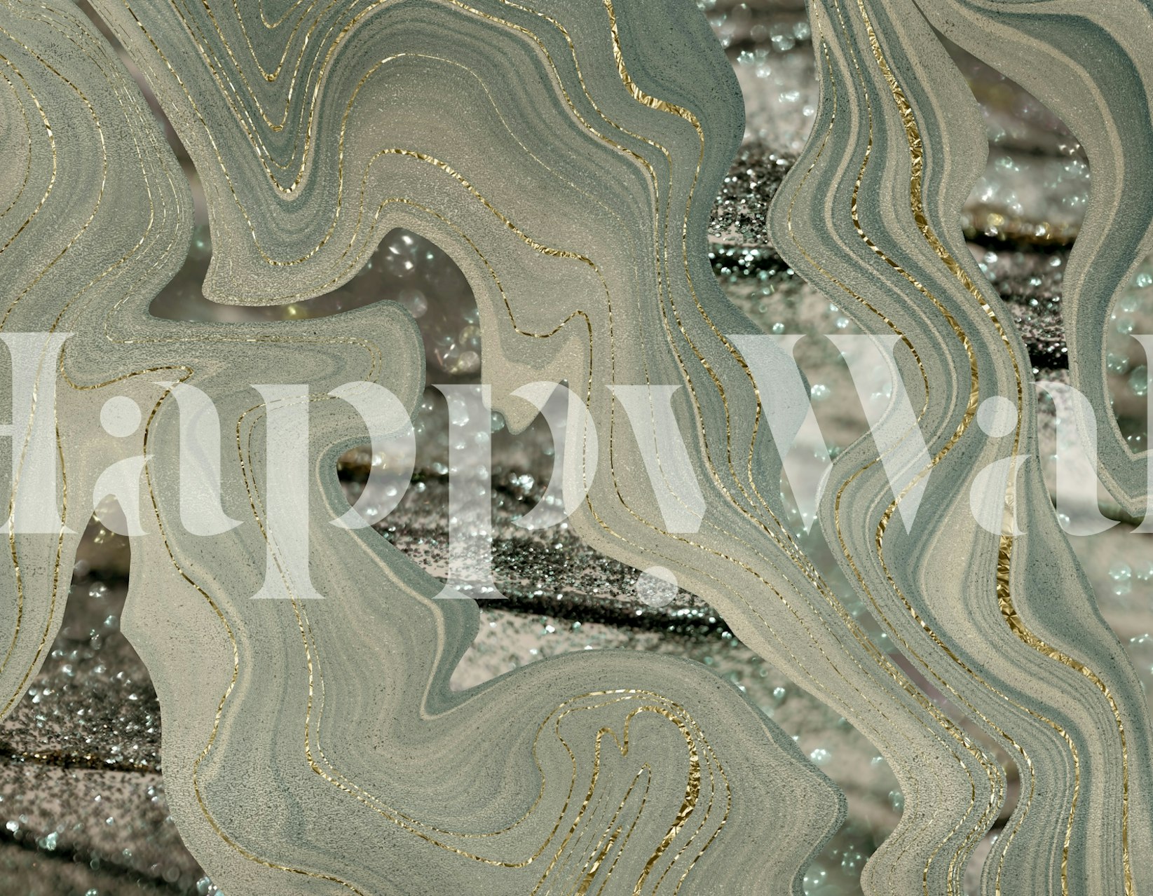 Liquid marble wave design in grey and gold glitter wallpaper