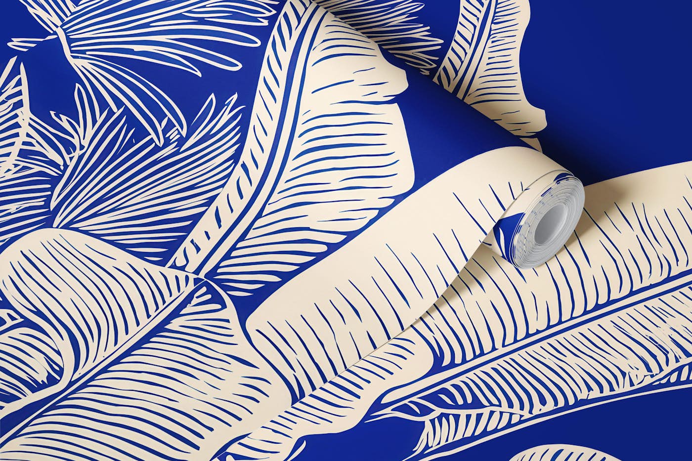 Linocut Cobalt Blue Jungle Tropical Mural wallpaper roll