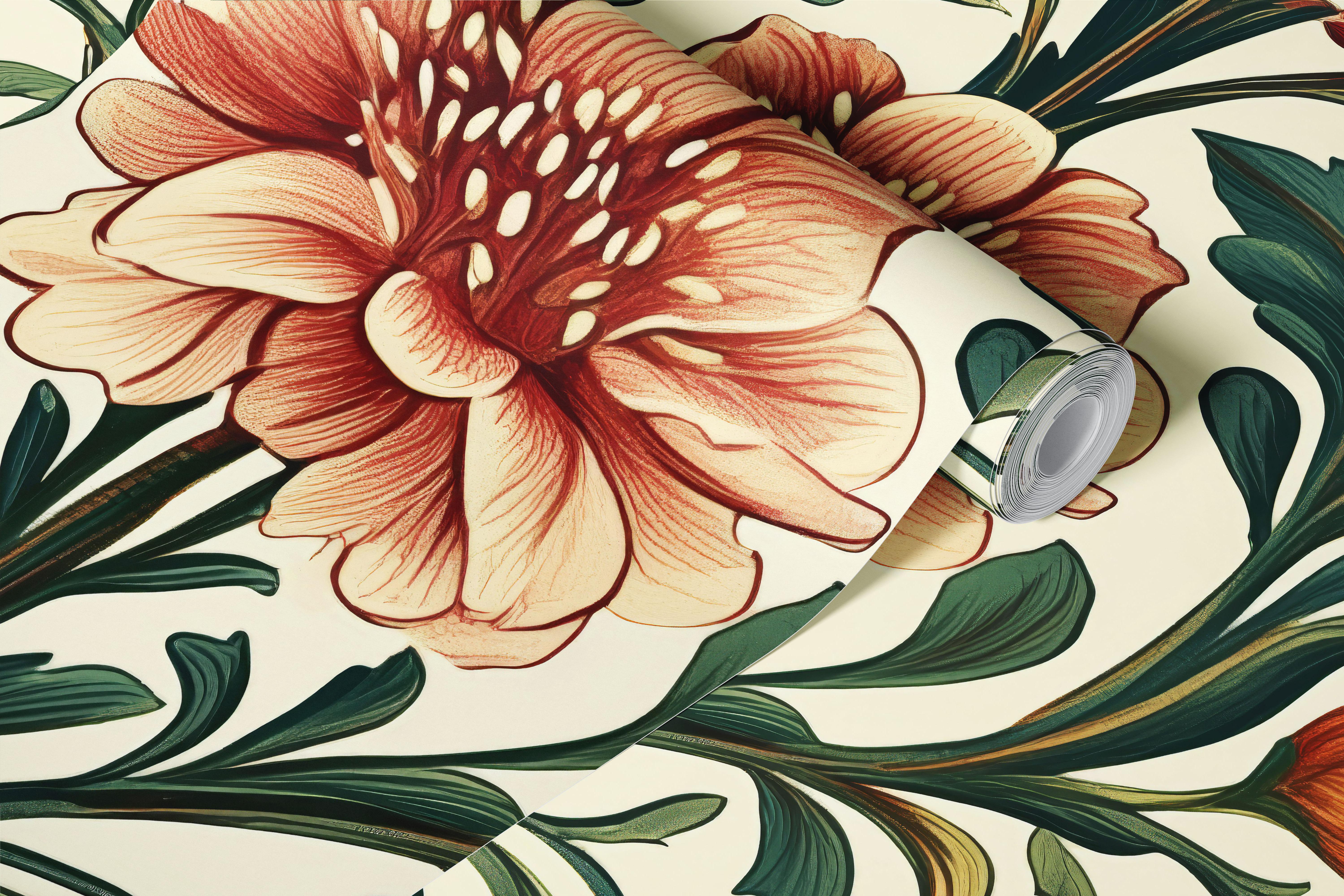 Colorful floral pattern in peach, green, and cream wallpaper