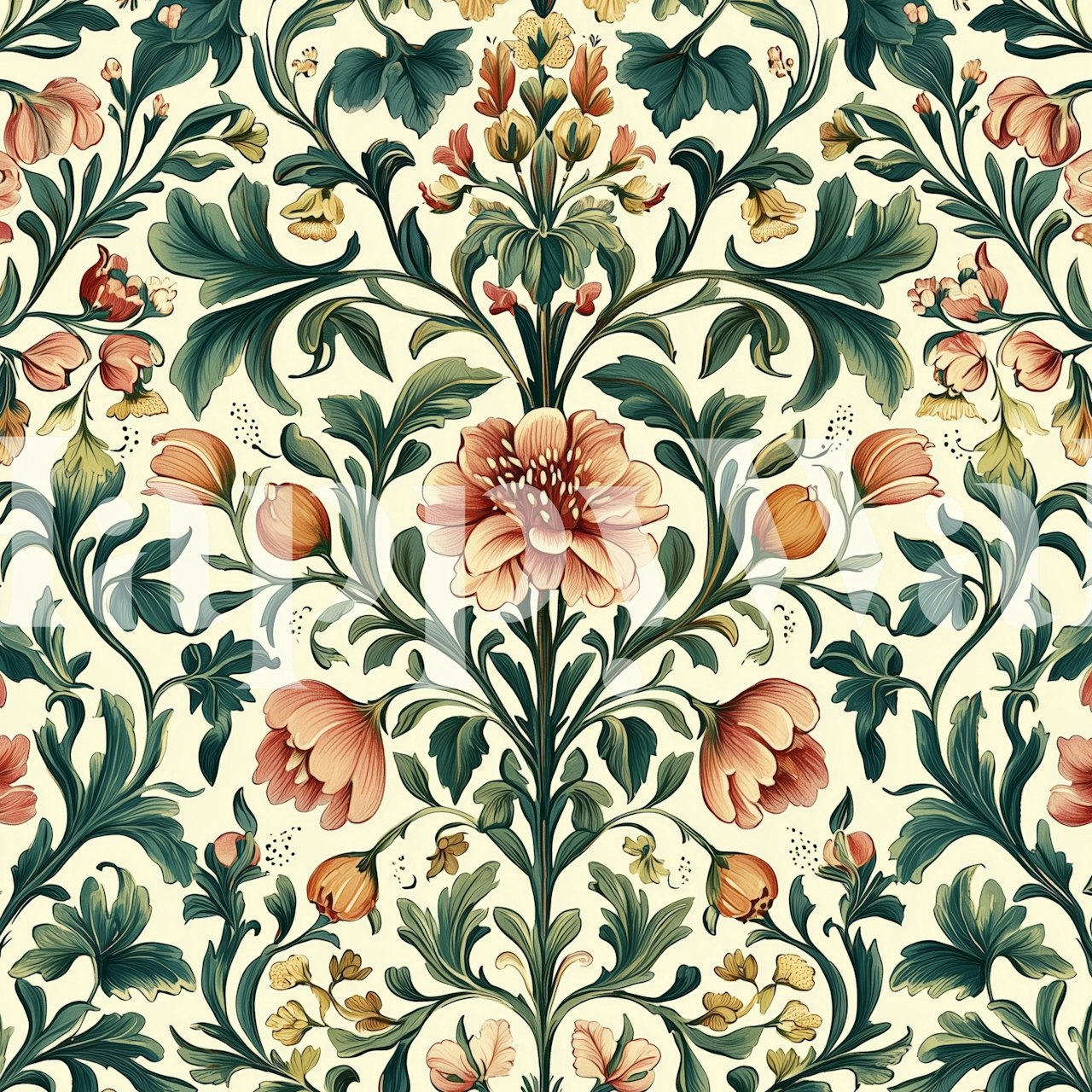 Colorful floral pattern in peach, green, and cream wallpaper