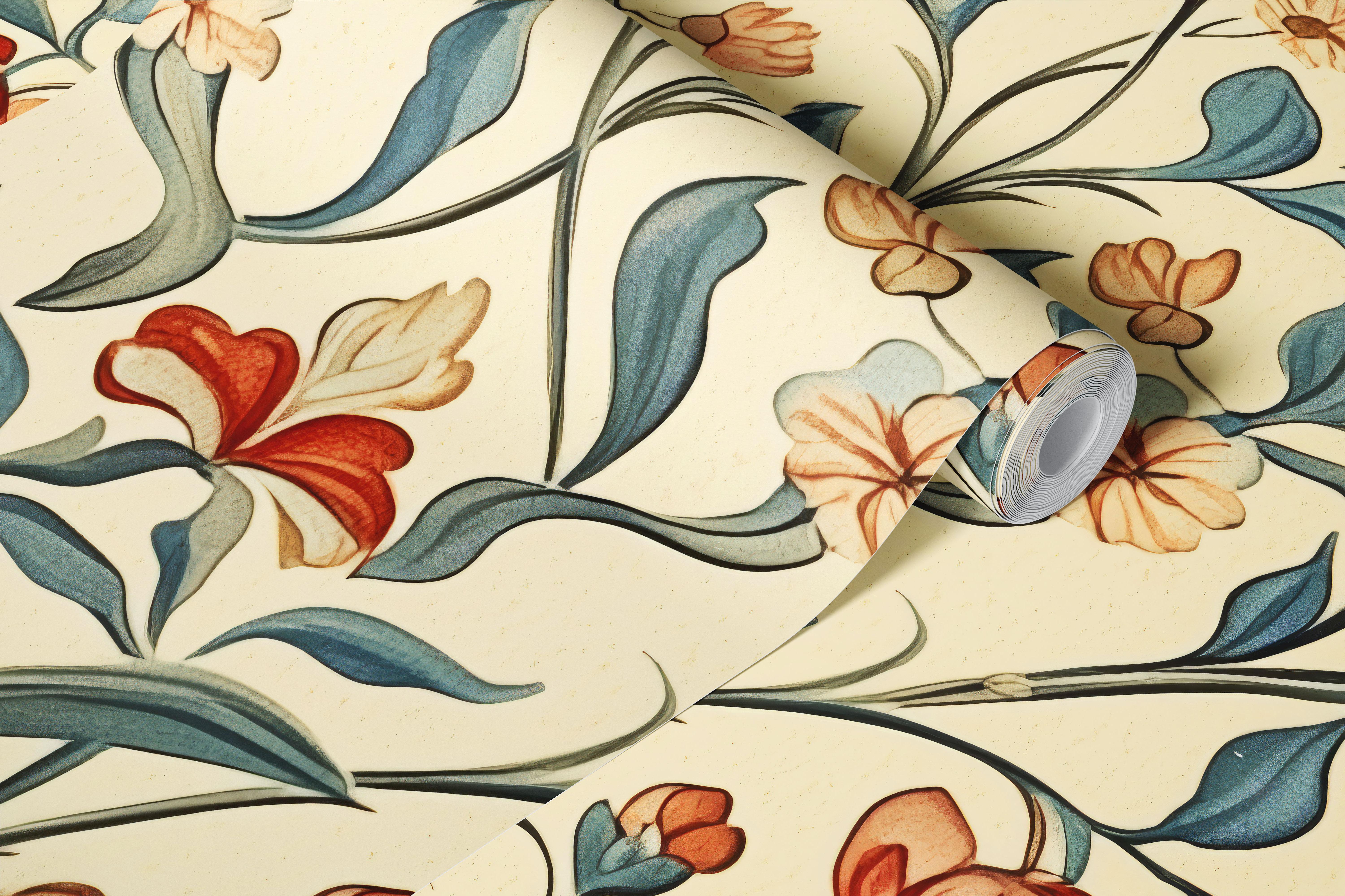 Botanical floral design featuring blue and coral flowers on cream wallpaper