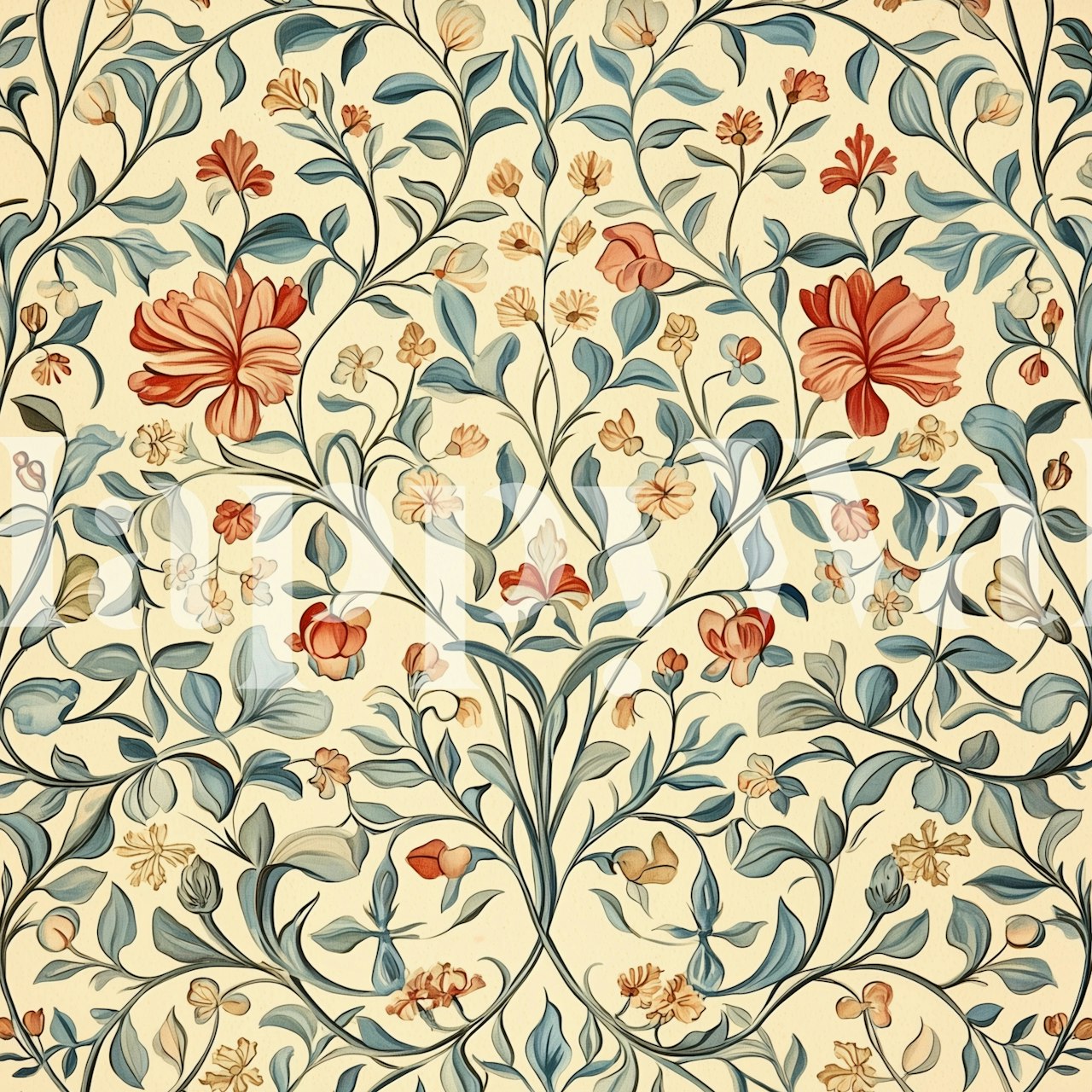 Botanical floral design featuring blue and coral flowers on cream wallpaper