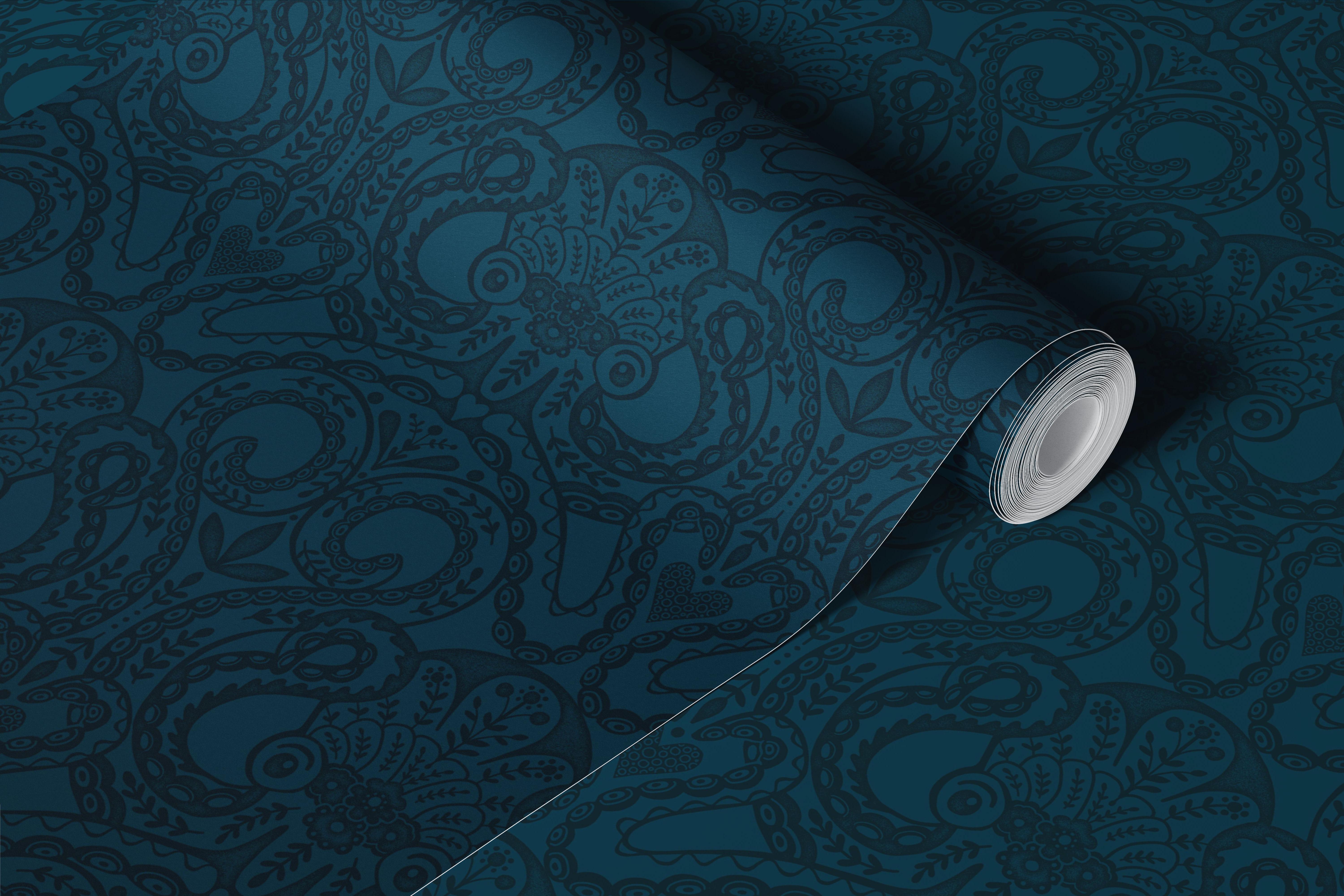 Dark teal octopus damask pattern wallpaper
