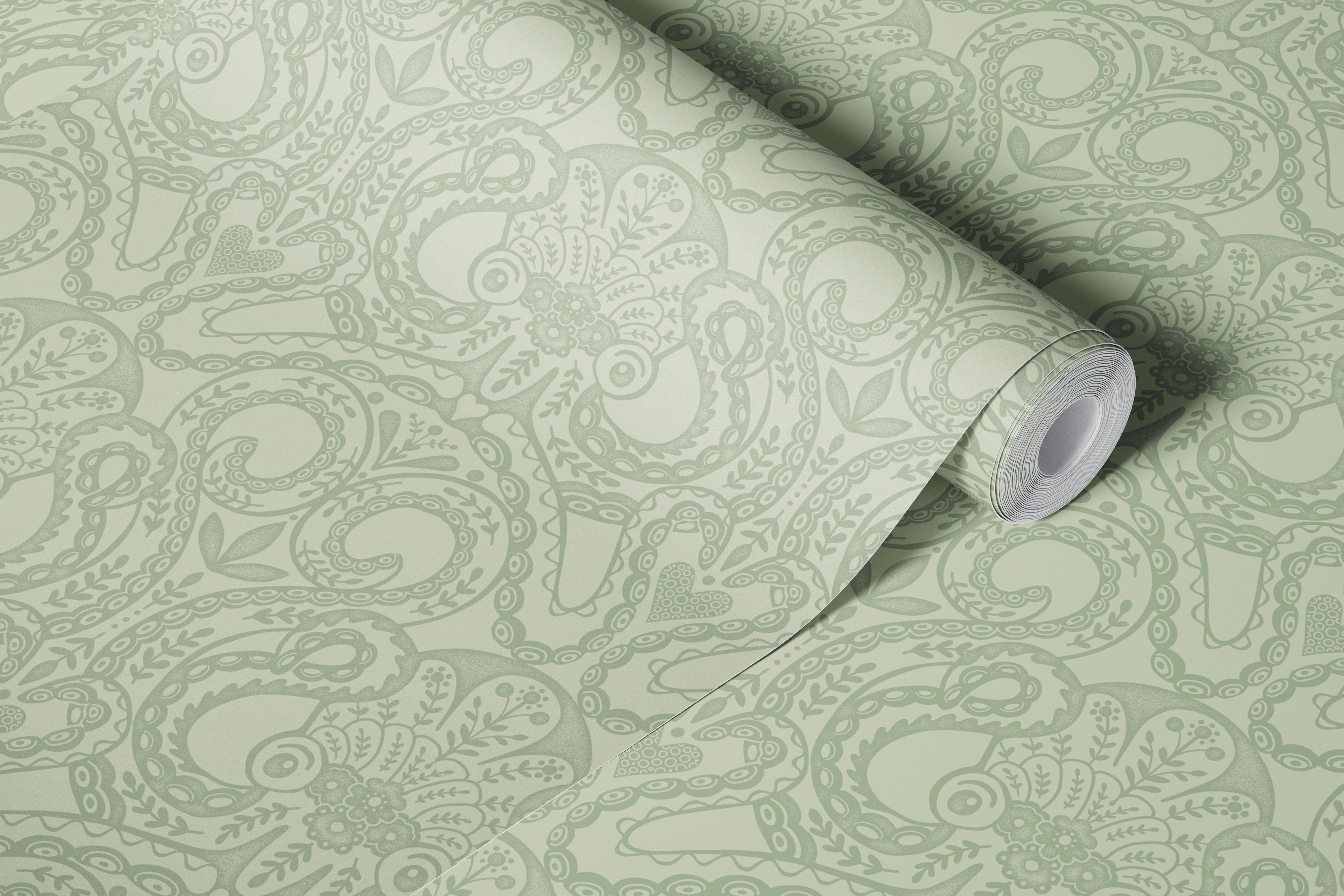Pale sage green octopus damask wallpaper design
