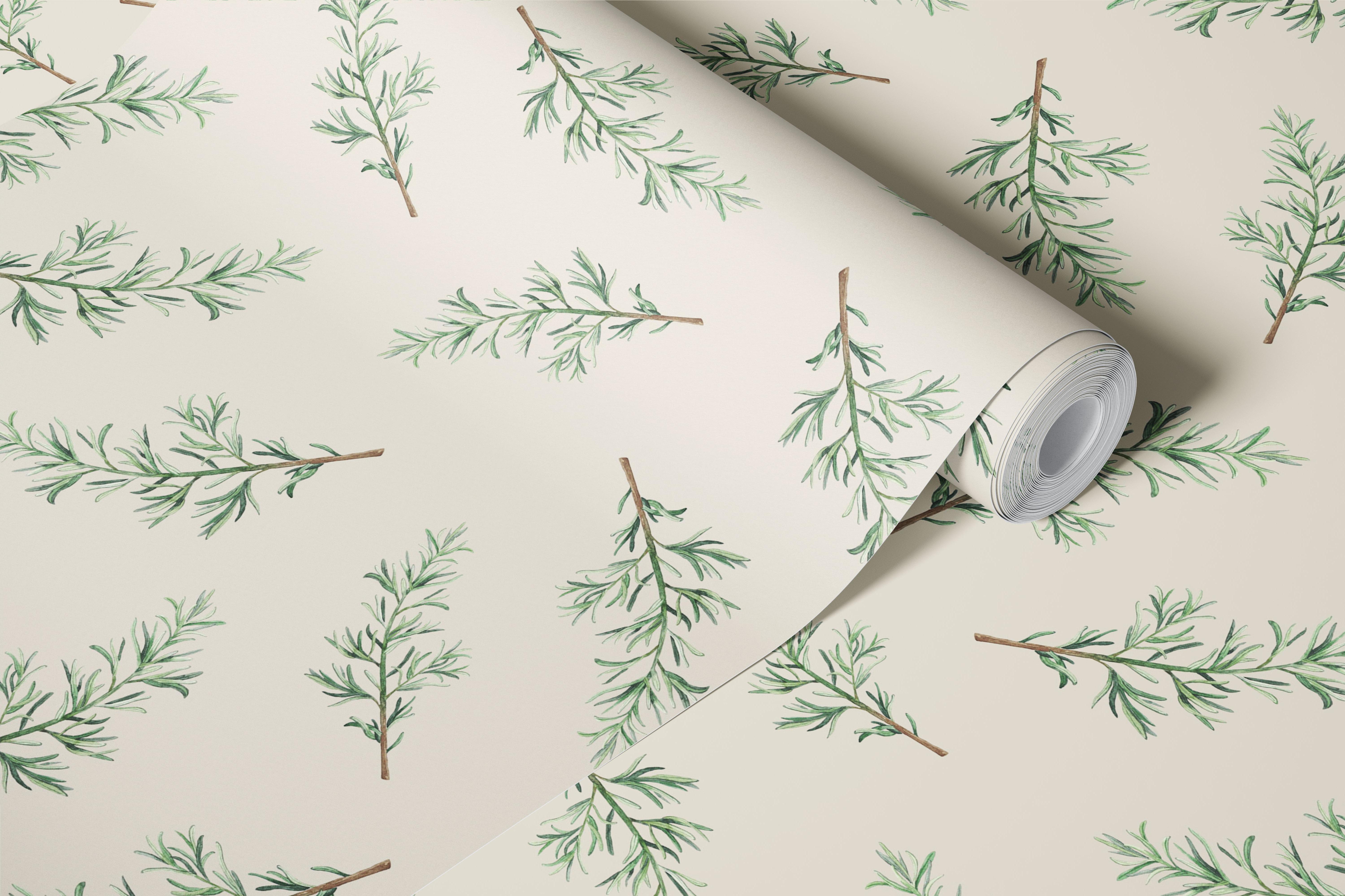 Green herbal branches on beige background wallpaper