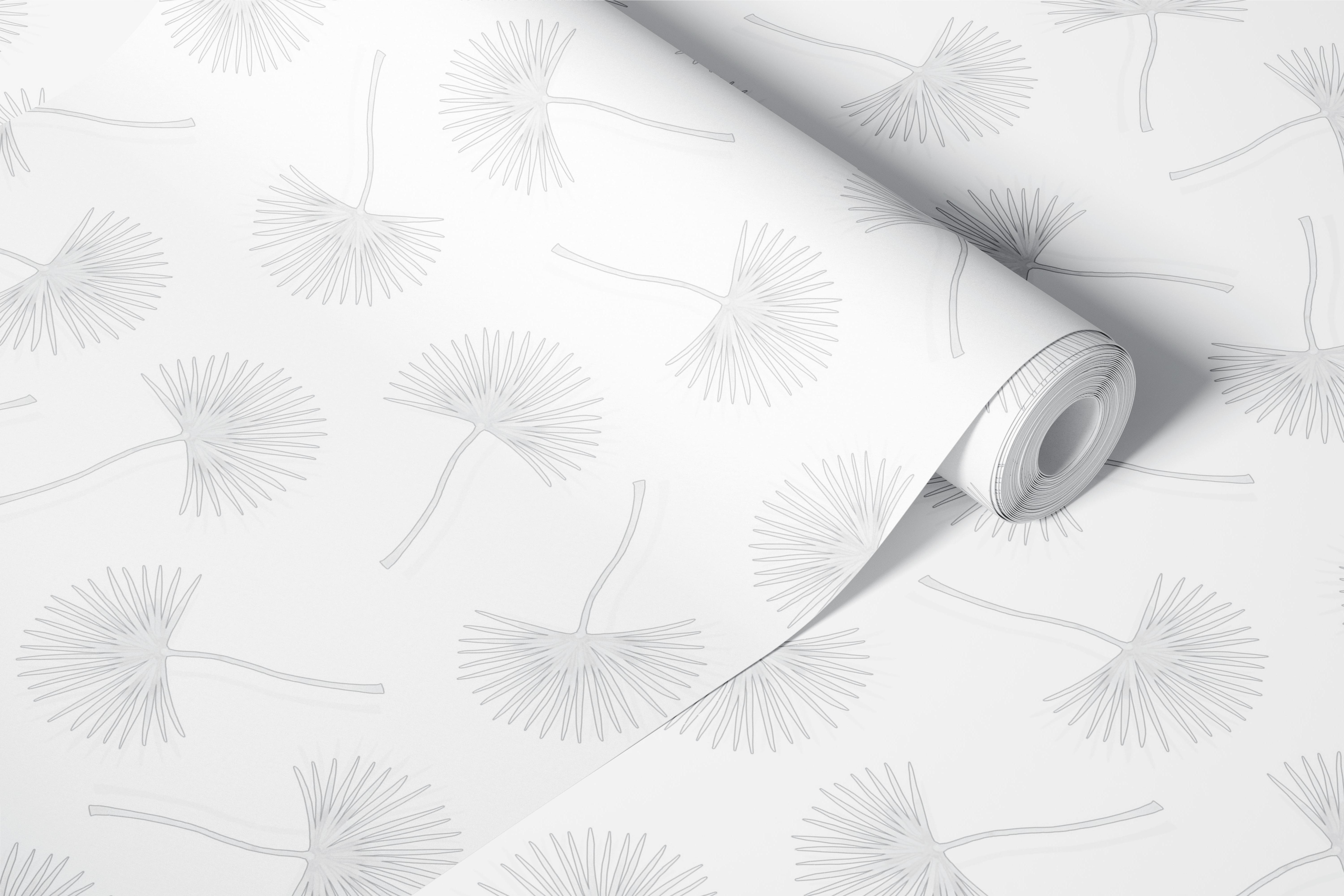 White wallpaper with delicate botanical palm leaves pattern