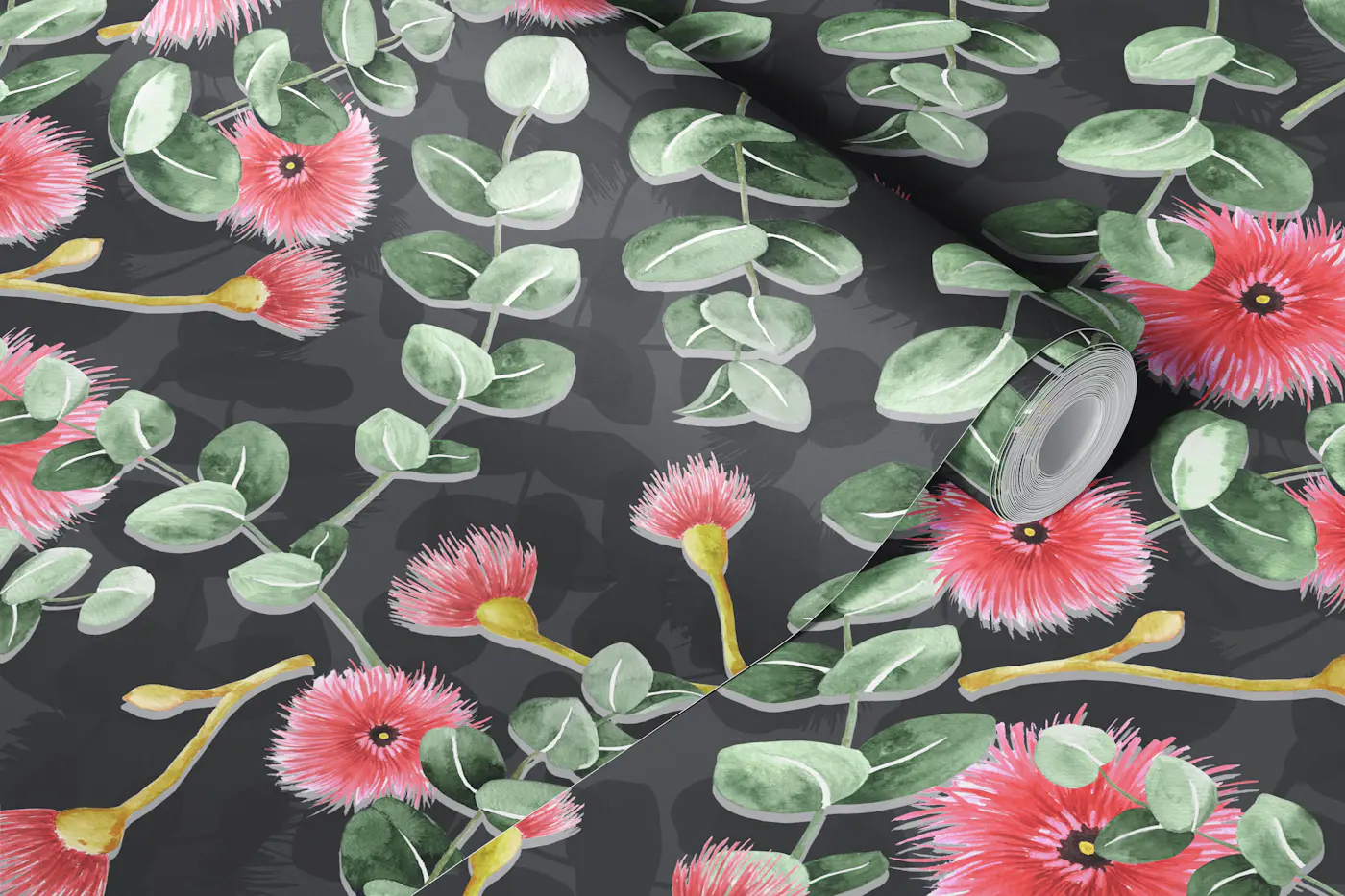 Blossoming Eucalyptus Delight black wallpaper roll