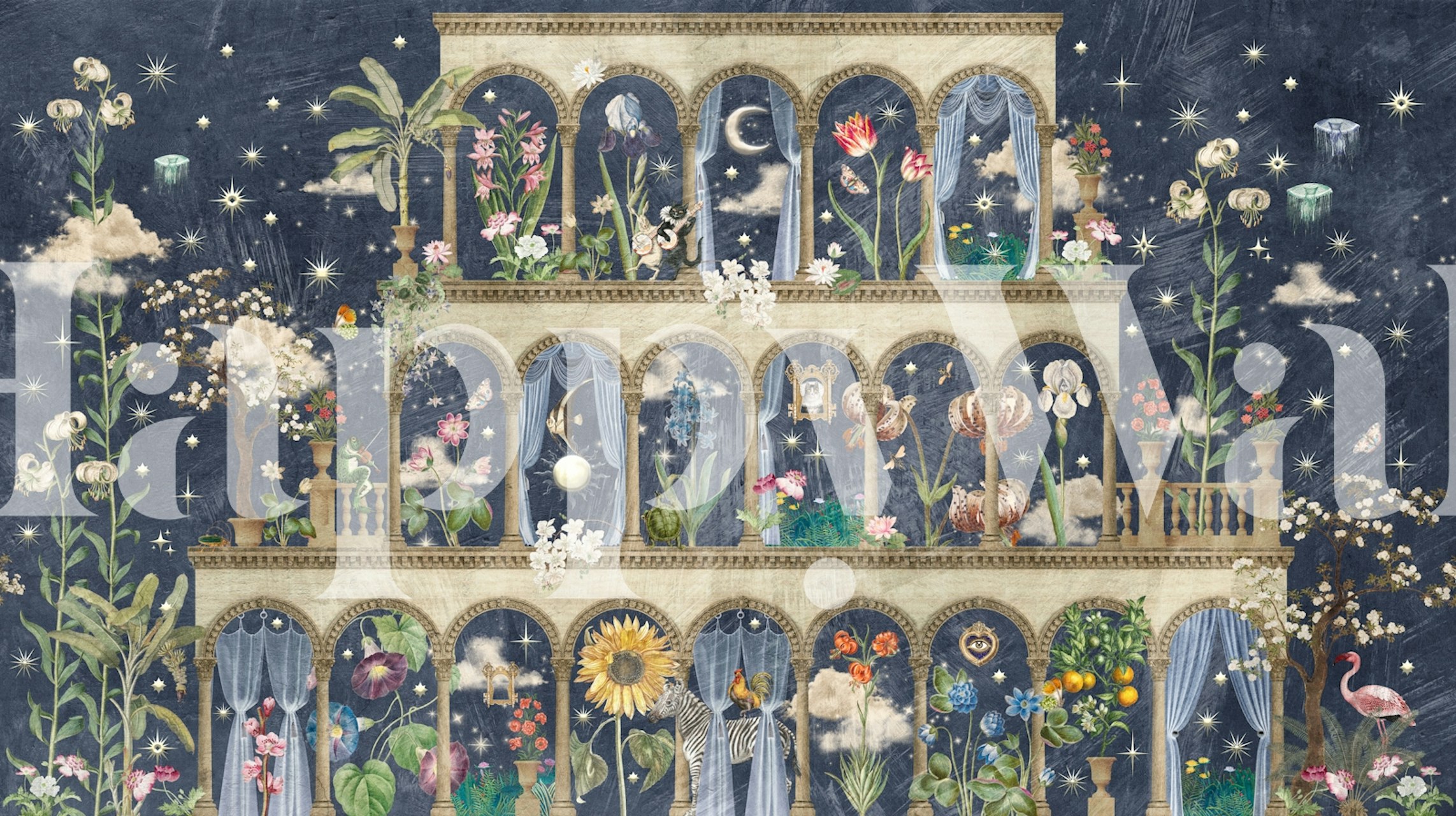 Dreamy Secret Garden Moon and Sun in Blue tapetit