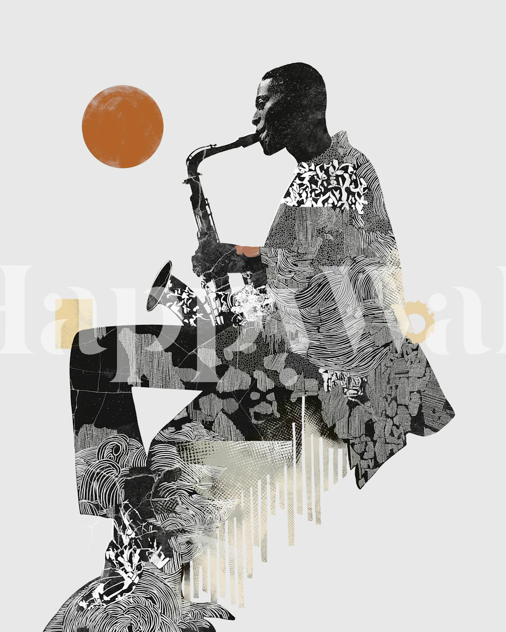 Jazz musician playing saxophone in black and white wallpaper