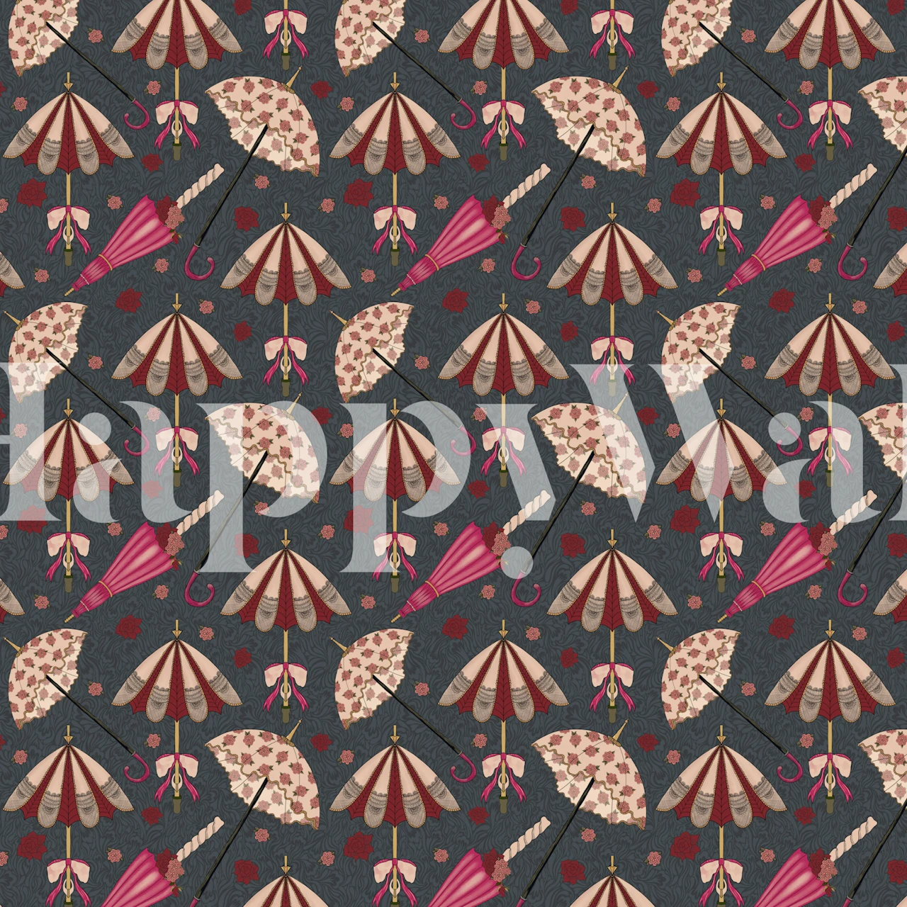 Colorful decorative umbrella pattern in pink, maroon, and beige wallpaper