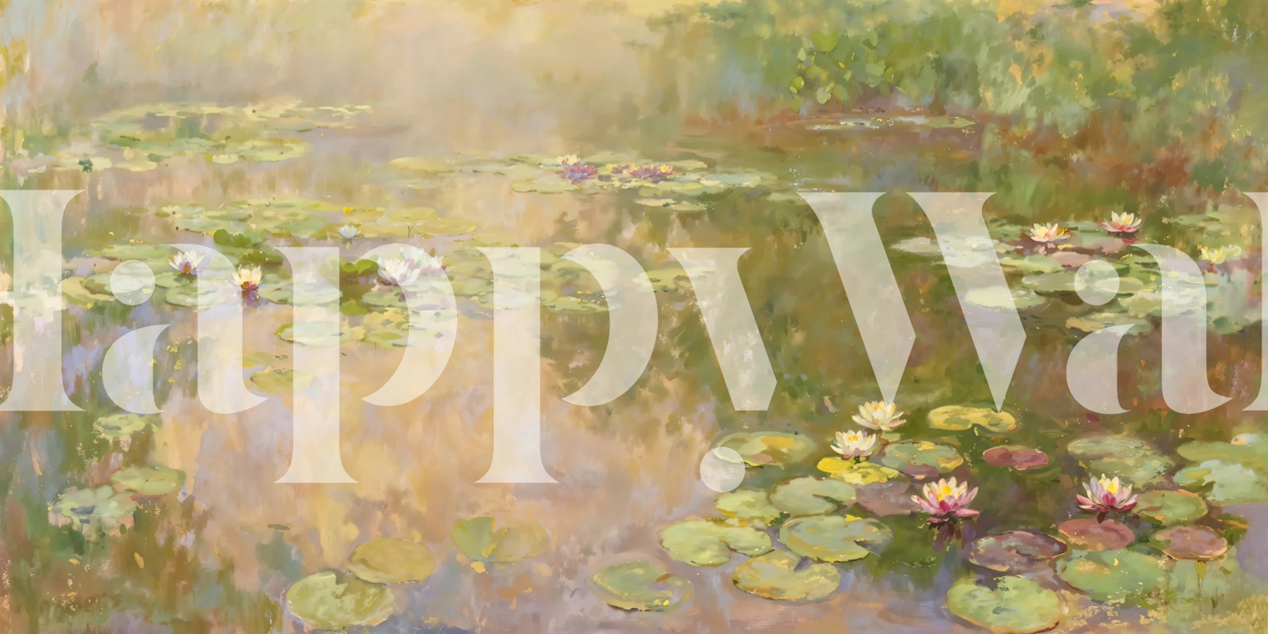 Lily pads and flowers in a tranquil pond with soft pastel colors wallpaper