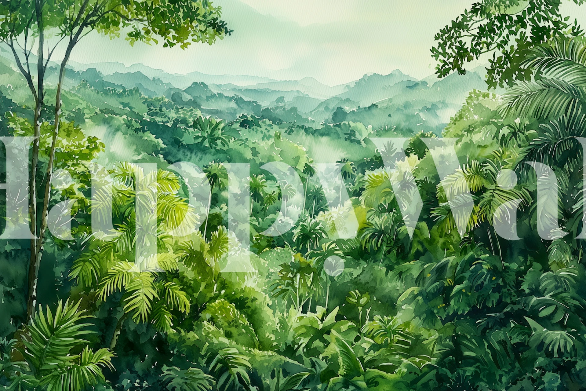 Misty tropical forest wallpaper in a room