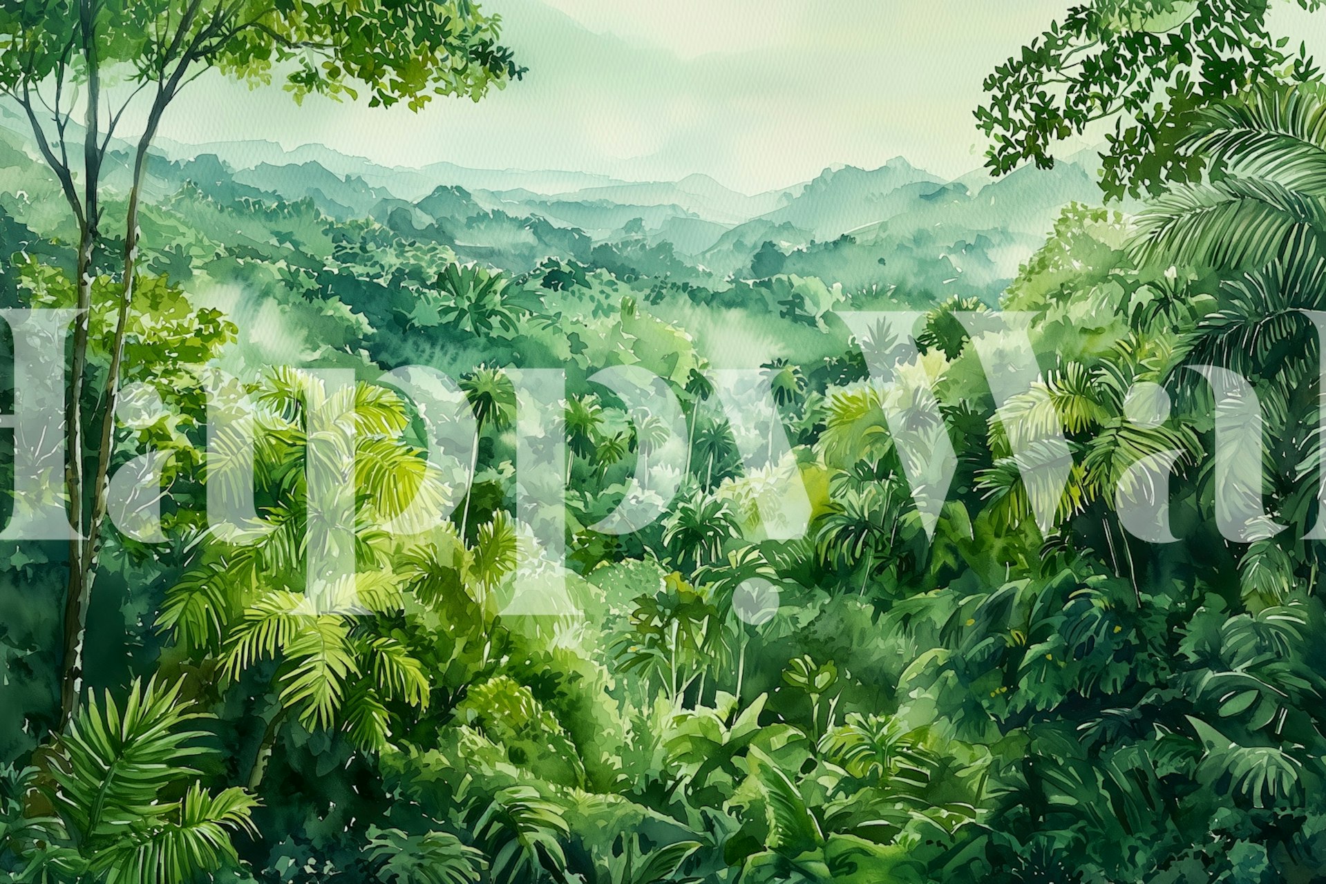 Misty Tropical Forest View behang in een kamer