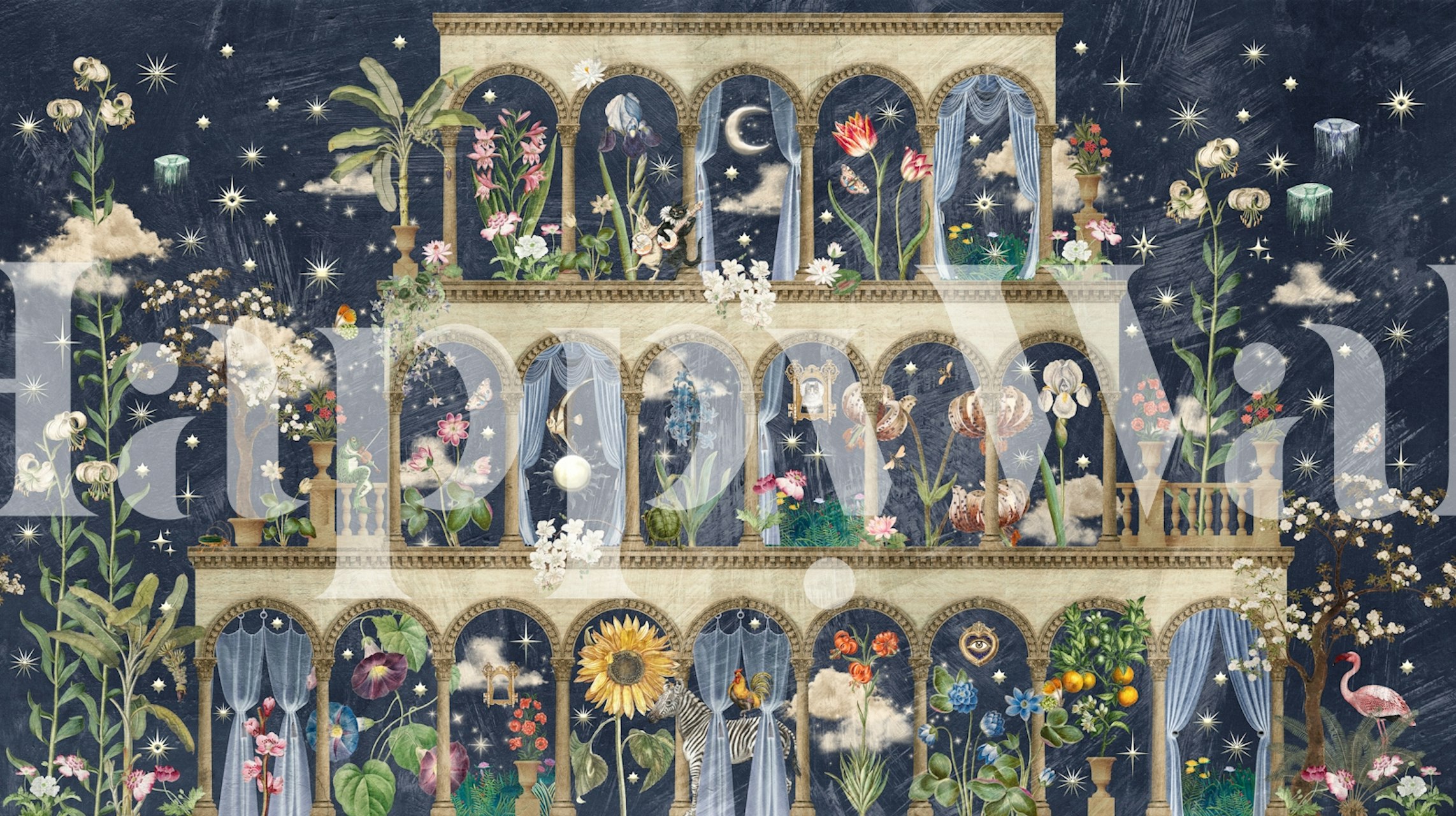 Floral garden with arches and plants in midnight blue wallpaper