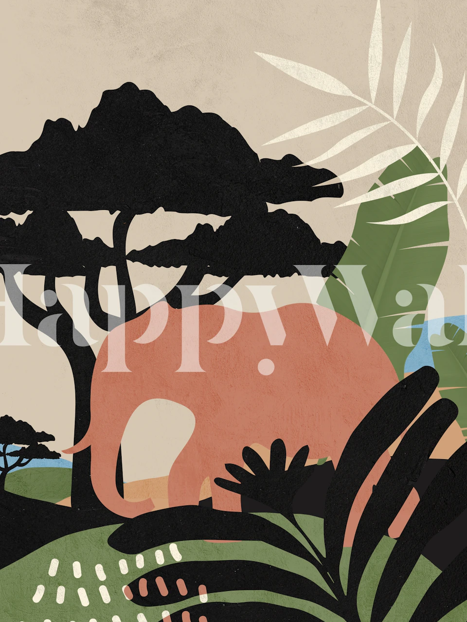 Elephant among black trees and lush green foliage wallpaper