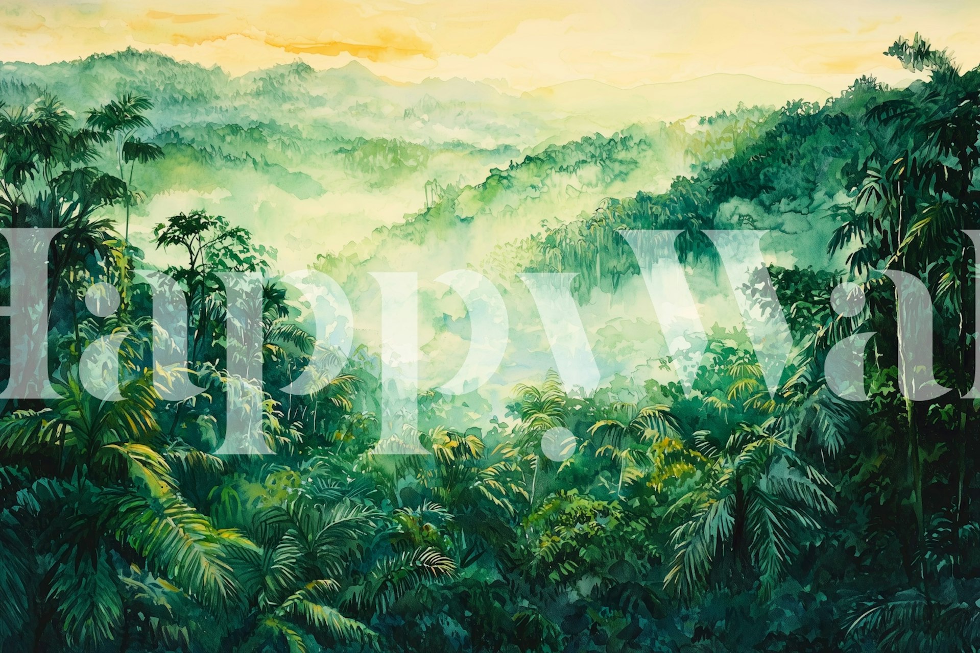 Lush tropical jungle scene with layered green foliage and misty mountains wallpaper
