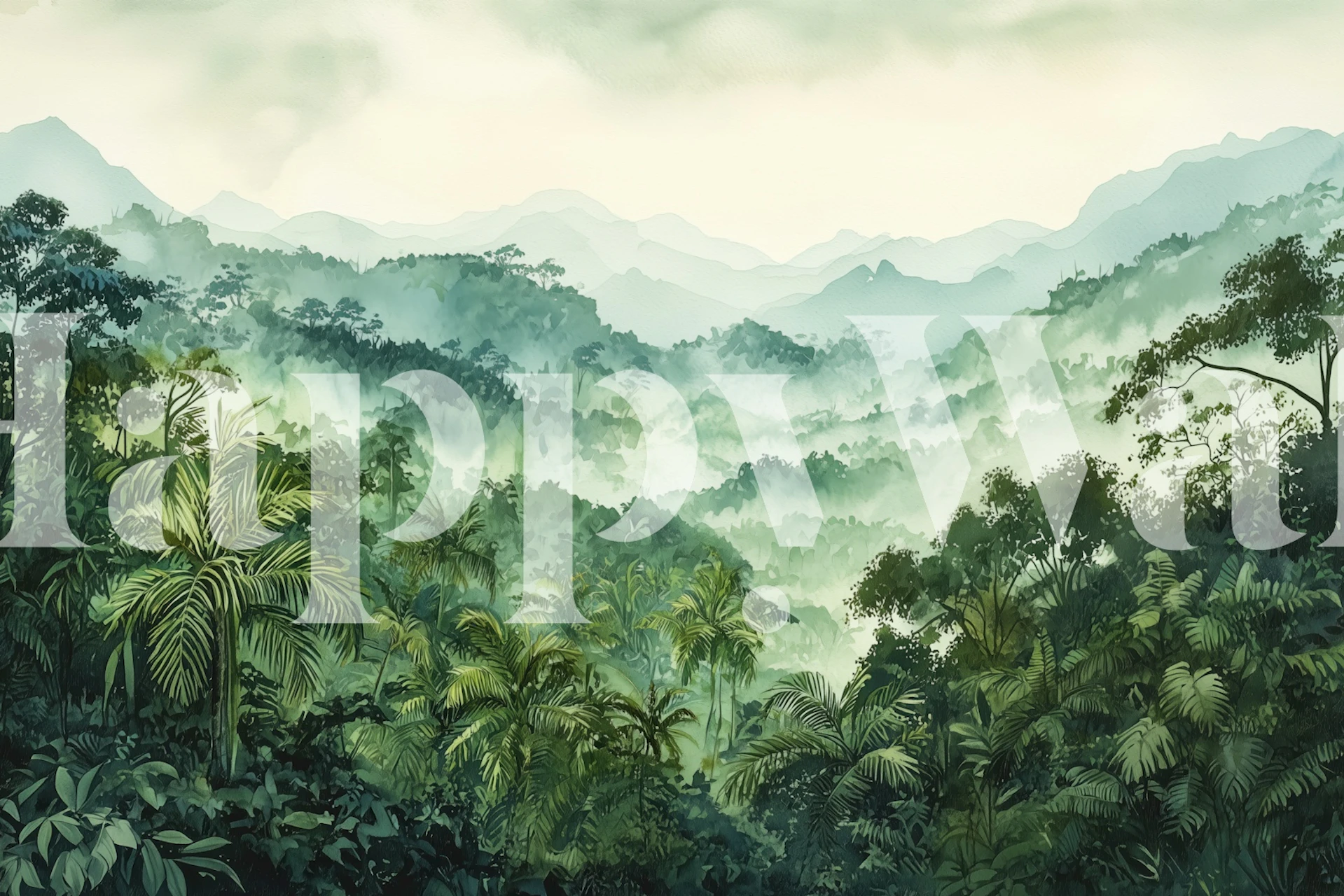 Misty rainforest scene with lush green foliage and misty mountains wallpaper