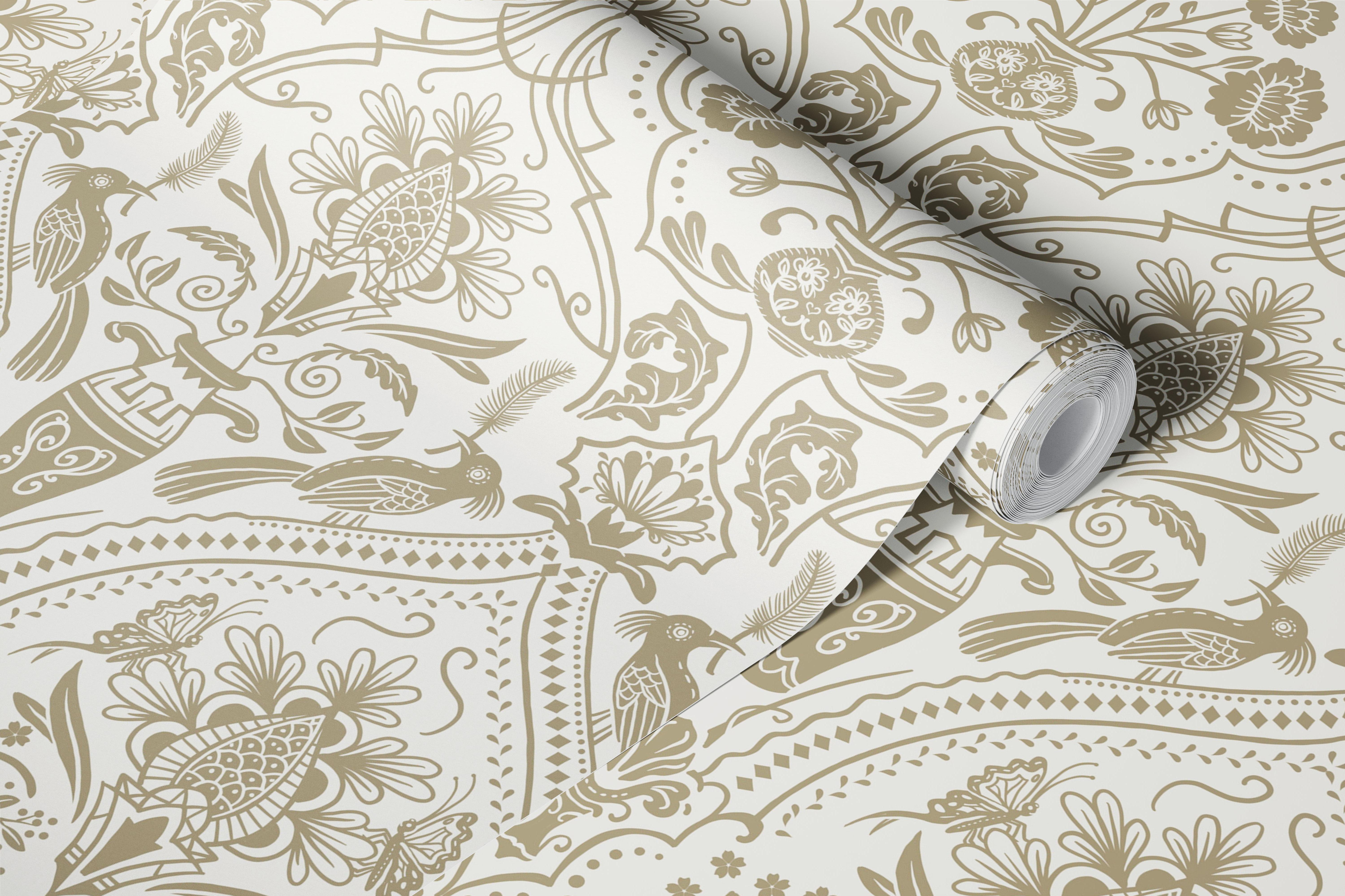 Floral pattern with beige and cream colors in oriental style wallpaper