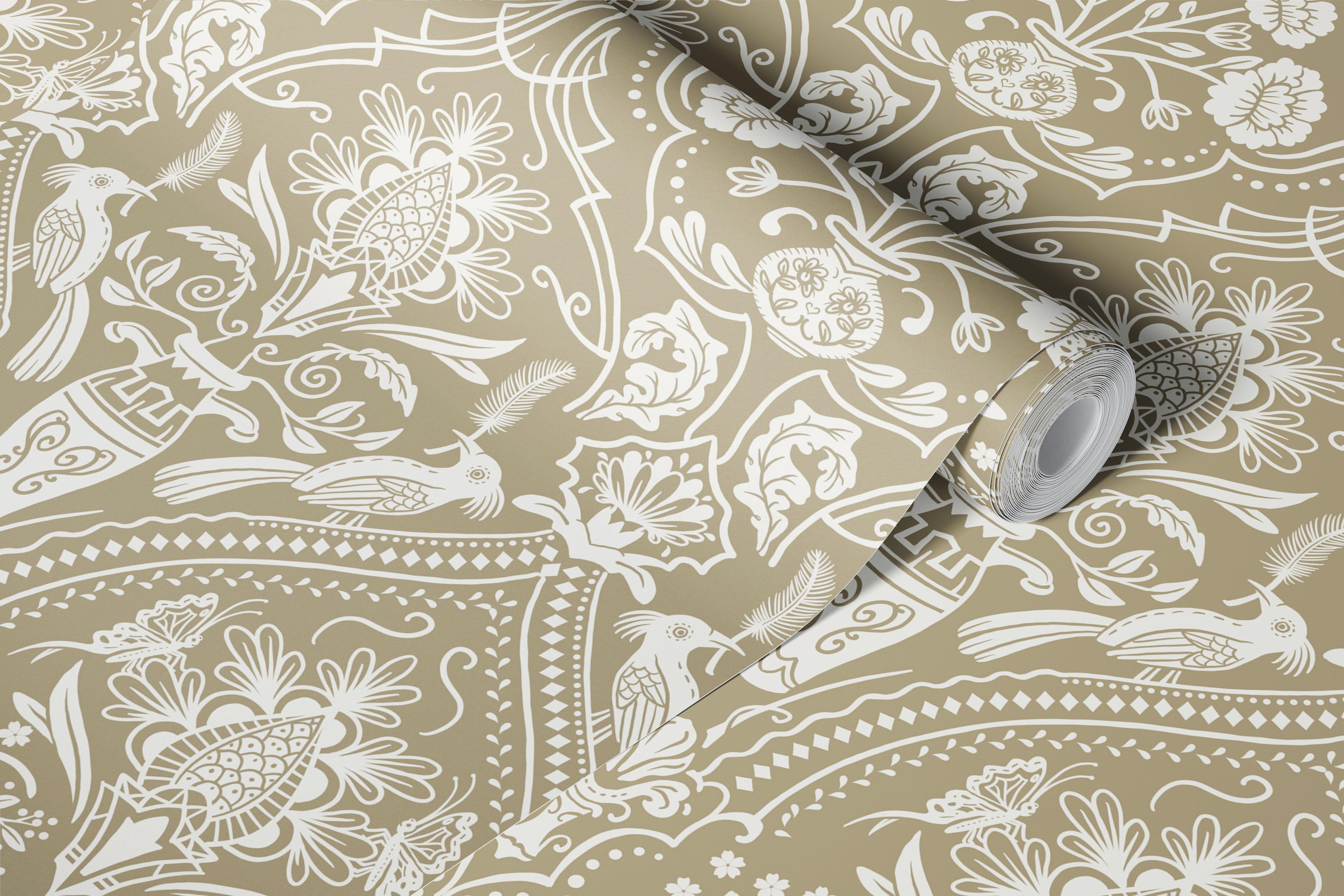 Beige floral pattern with intricate motifs and birds wallpaper