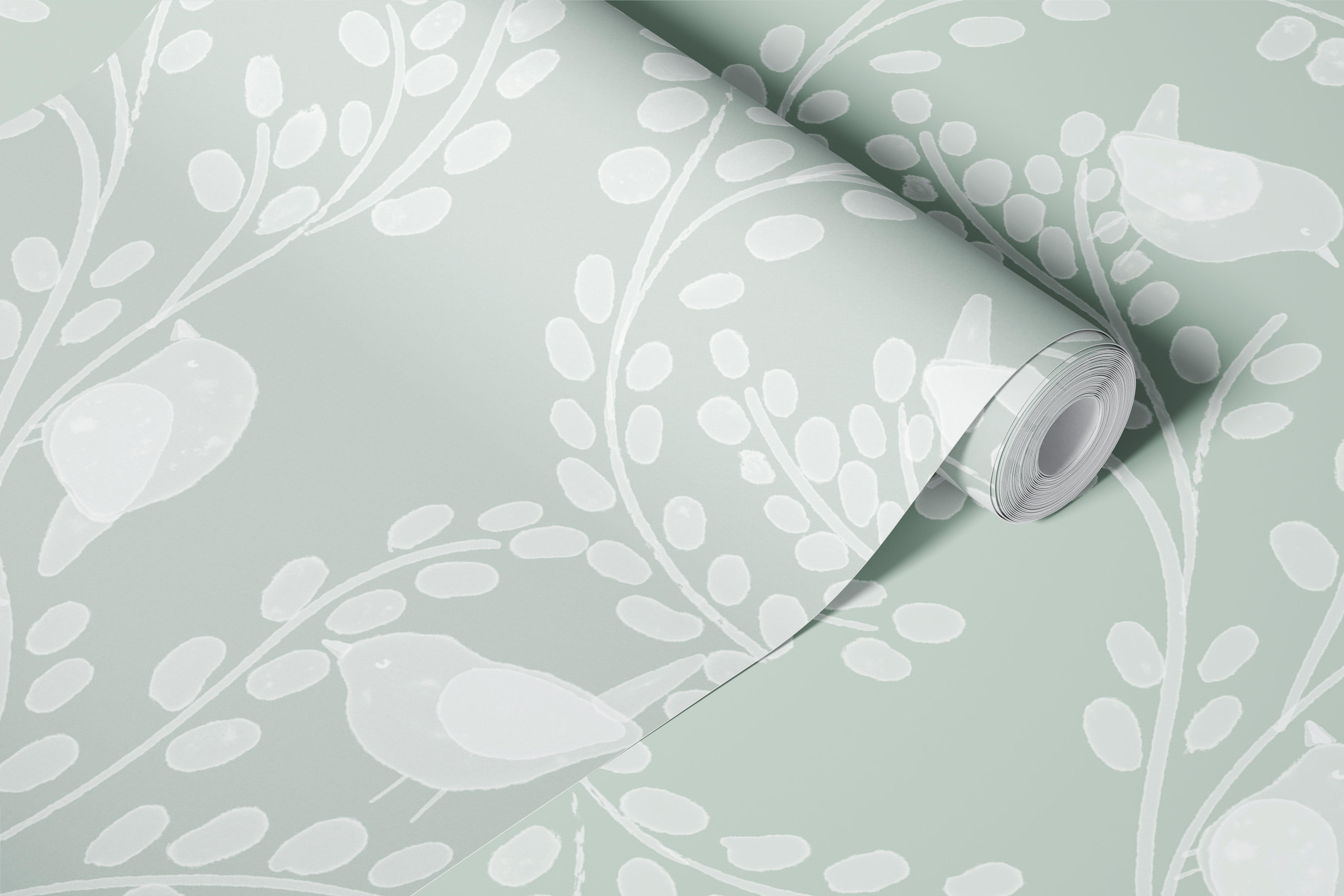 Whimsical bird and leaf foliage in muted sage green wallpaper