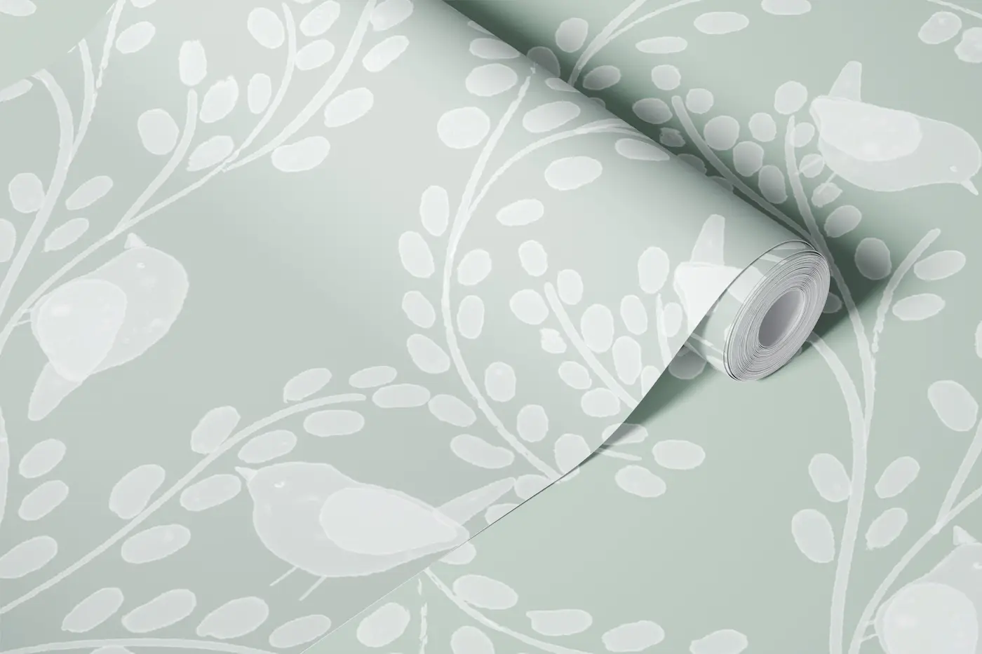 Whimsical Bird Leaf Foliage Muted Sage green wallpaper roll