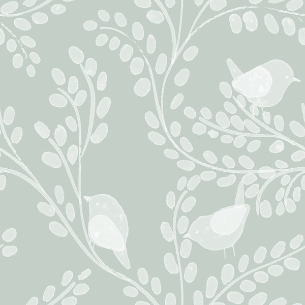 Whimsical Bird Leaf Foliage Muted Sage green