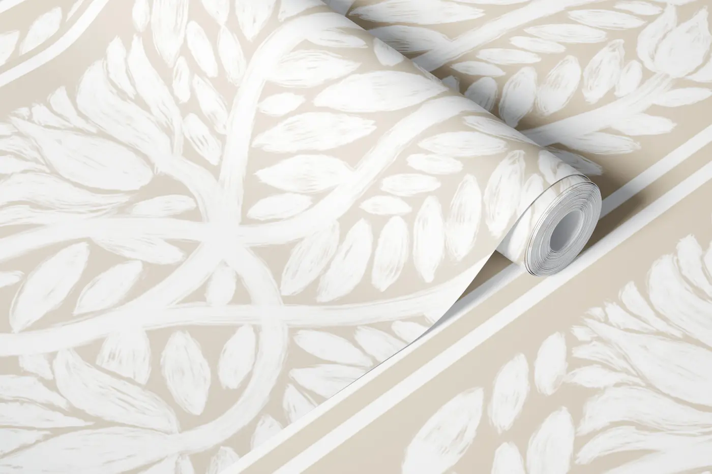 Floral leaf vine stripe soft muted Beige wallpaper roll