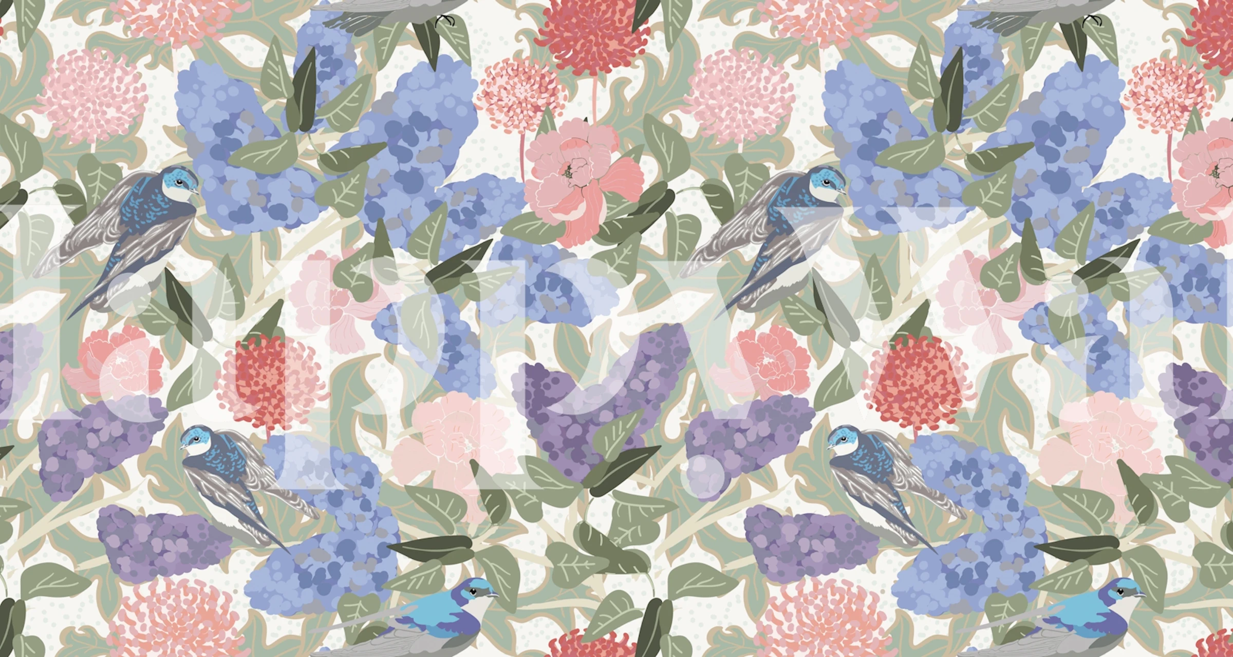 Lilacs and dahlias floral wallpaper in a room