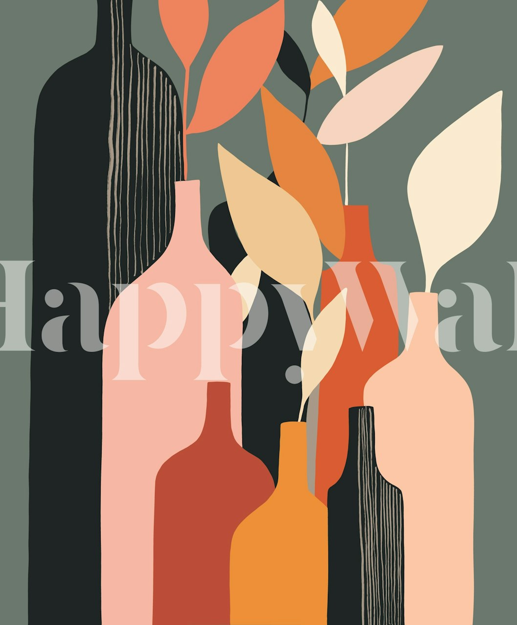 Colorful bottles with leaves in earthy tones wallpaper