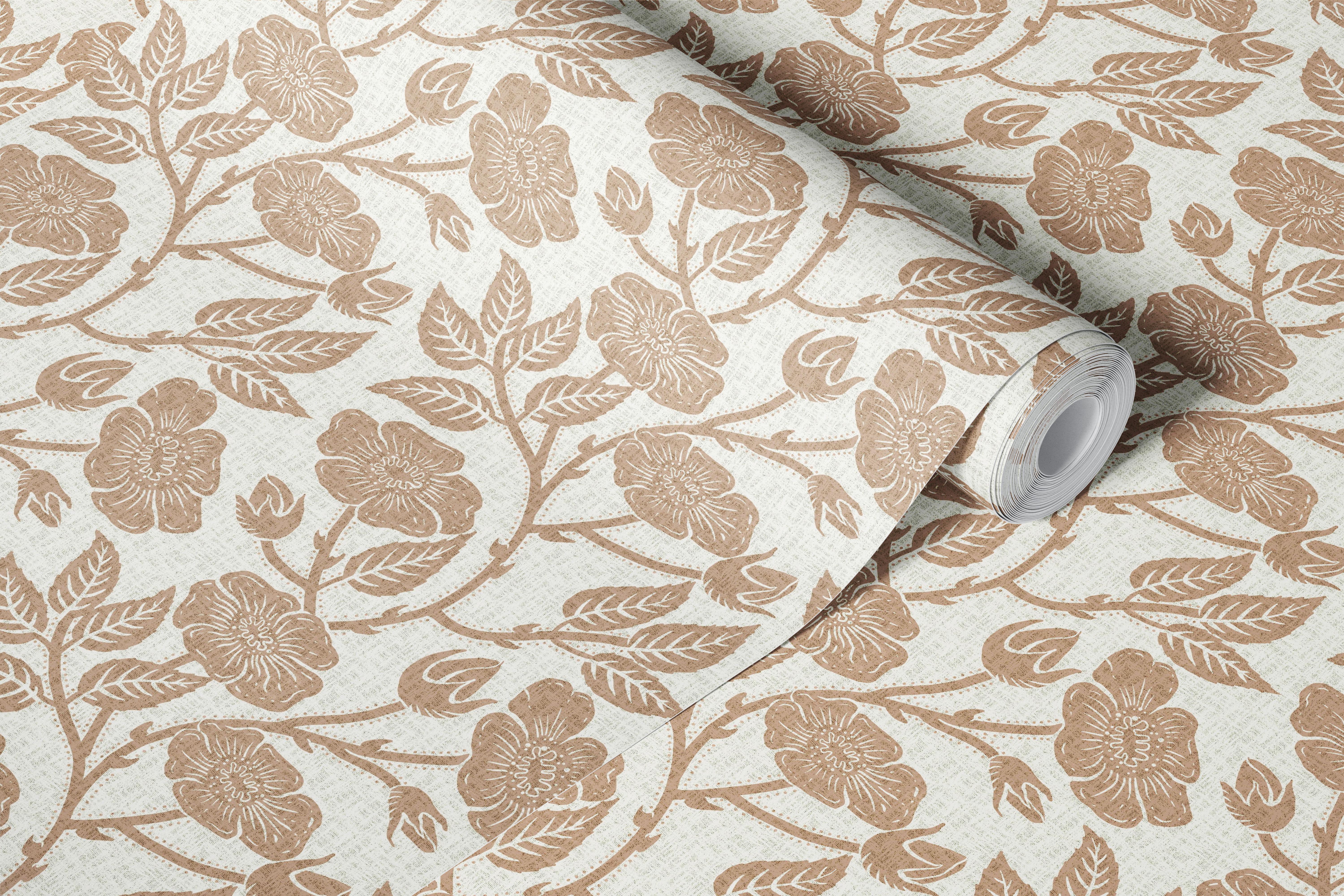 Floral design with cinnamon-colored roses and leaves wallpaper