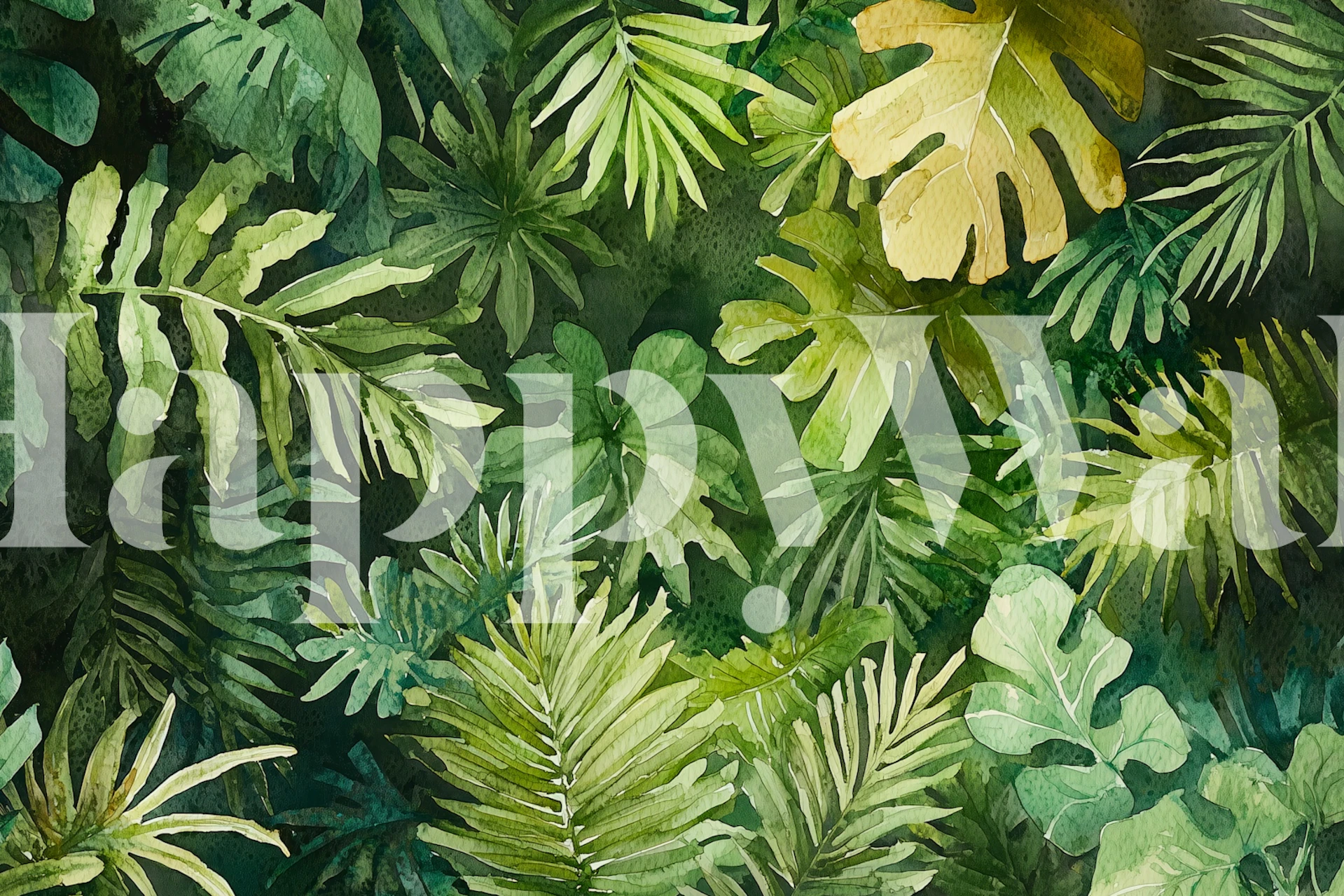 Tropical green leaf wallpaper with various shades of green and botanical patterns
