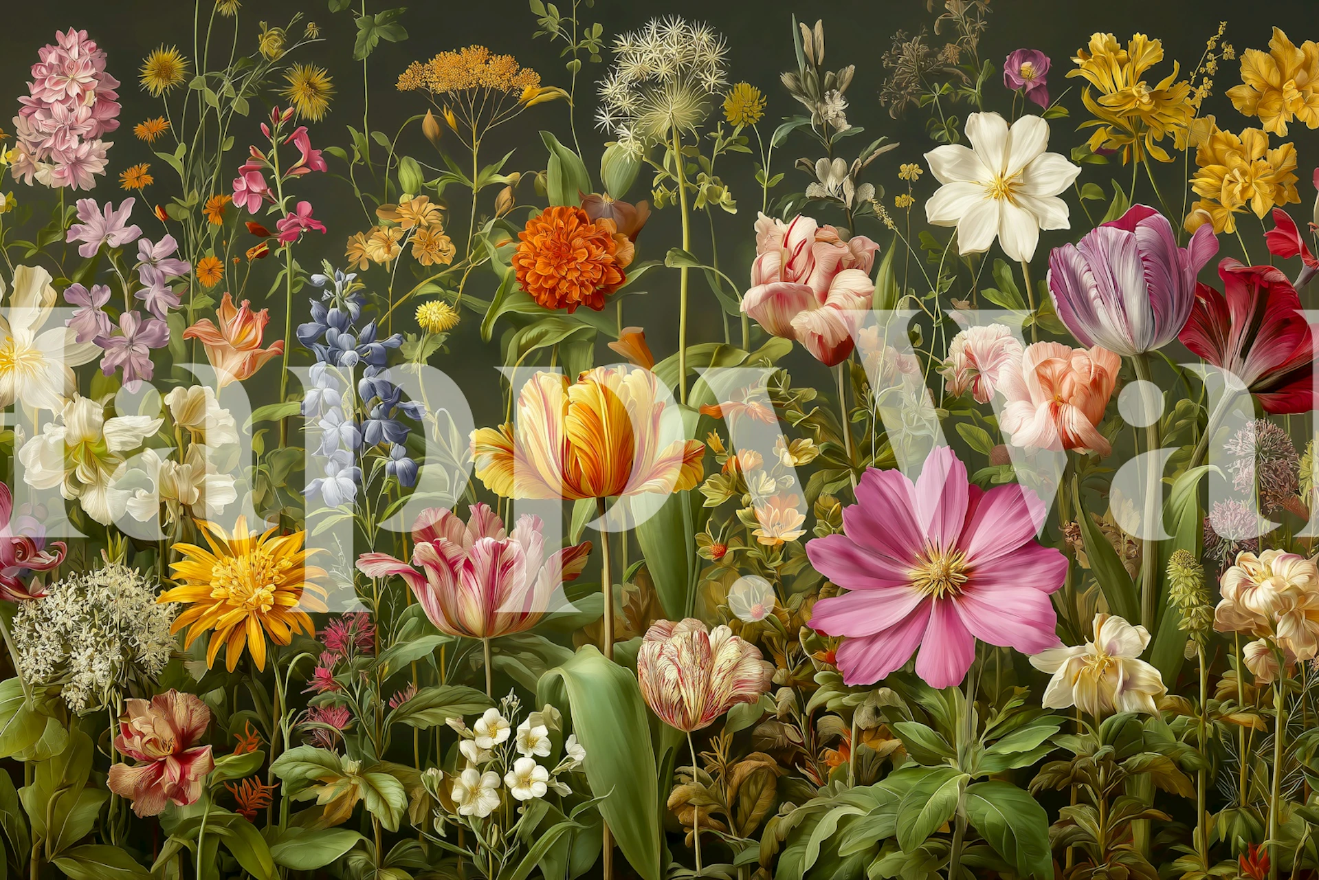 Colorful various blooming flowers on dark background wallpaper