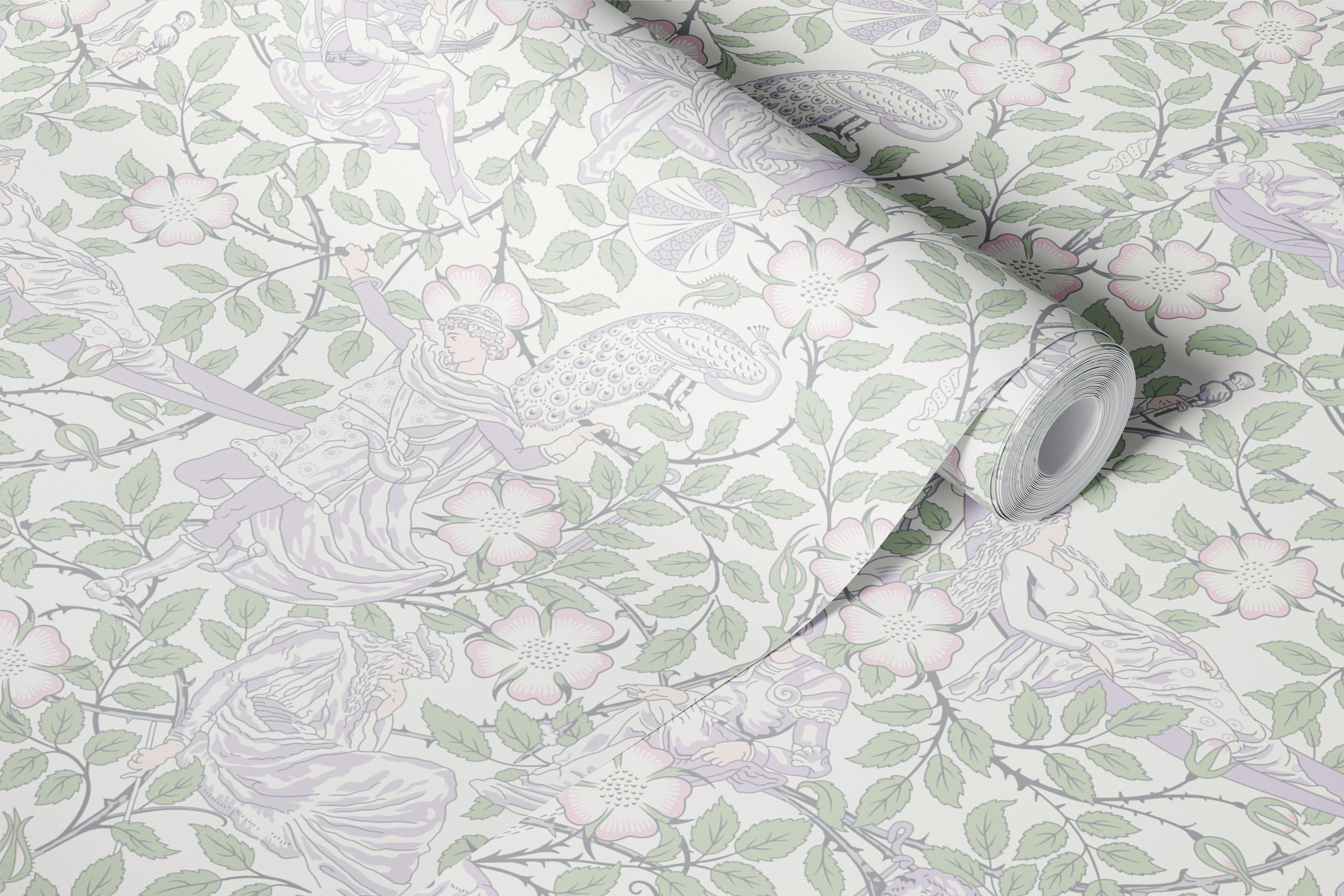 Sleeping Beauty characters and floral motifs in soft pastel colors wallpaper