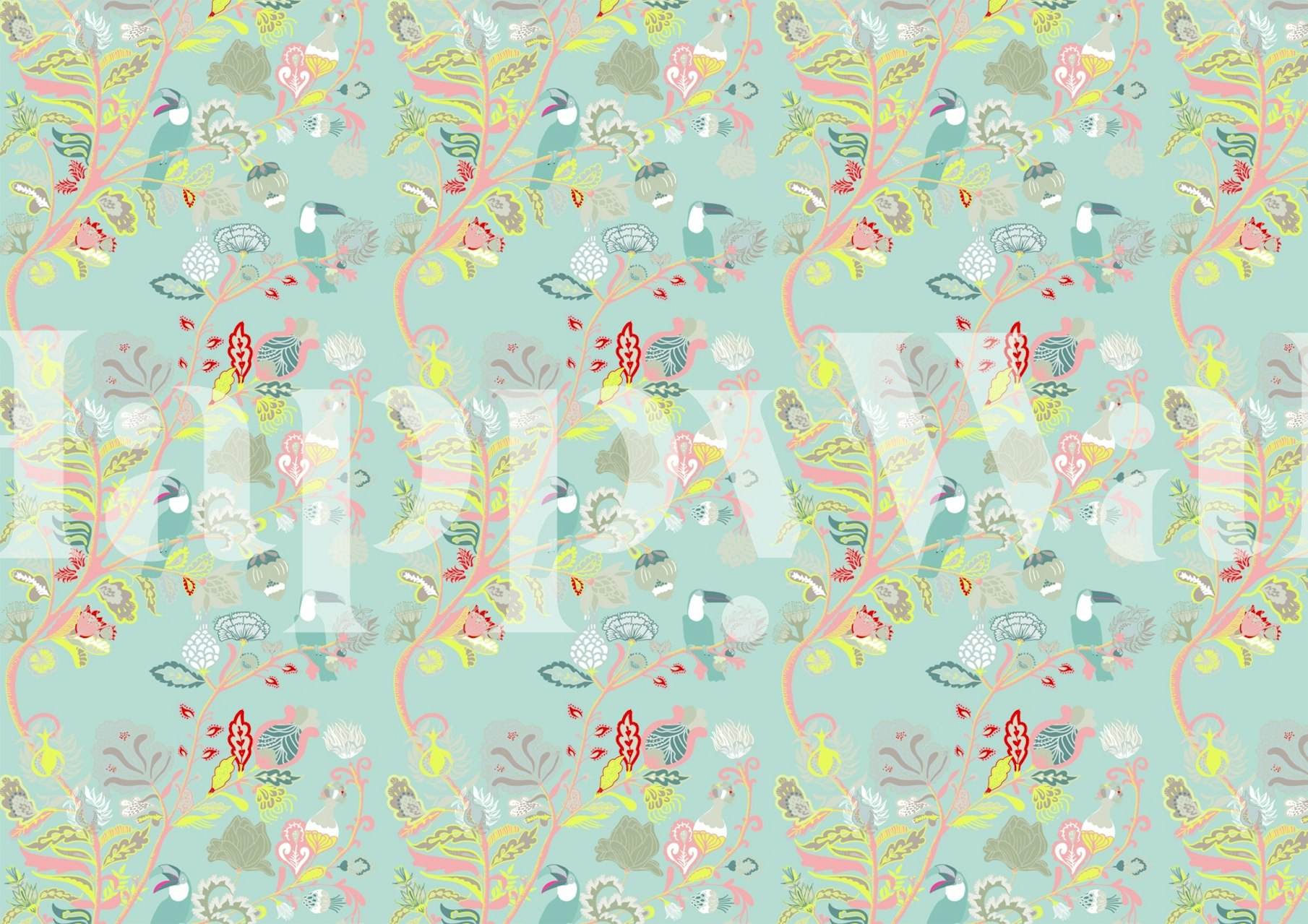 Colorful tropical floral pattern in teal wallpaper