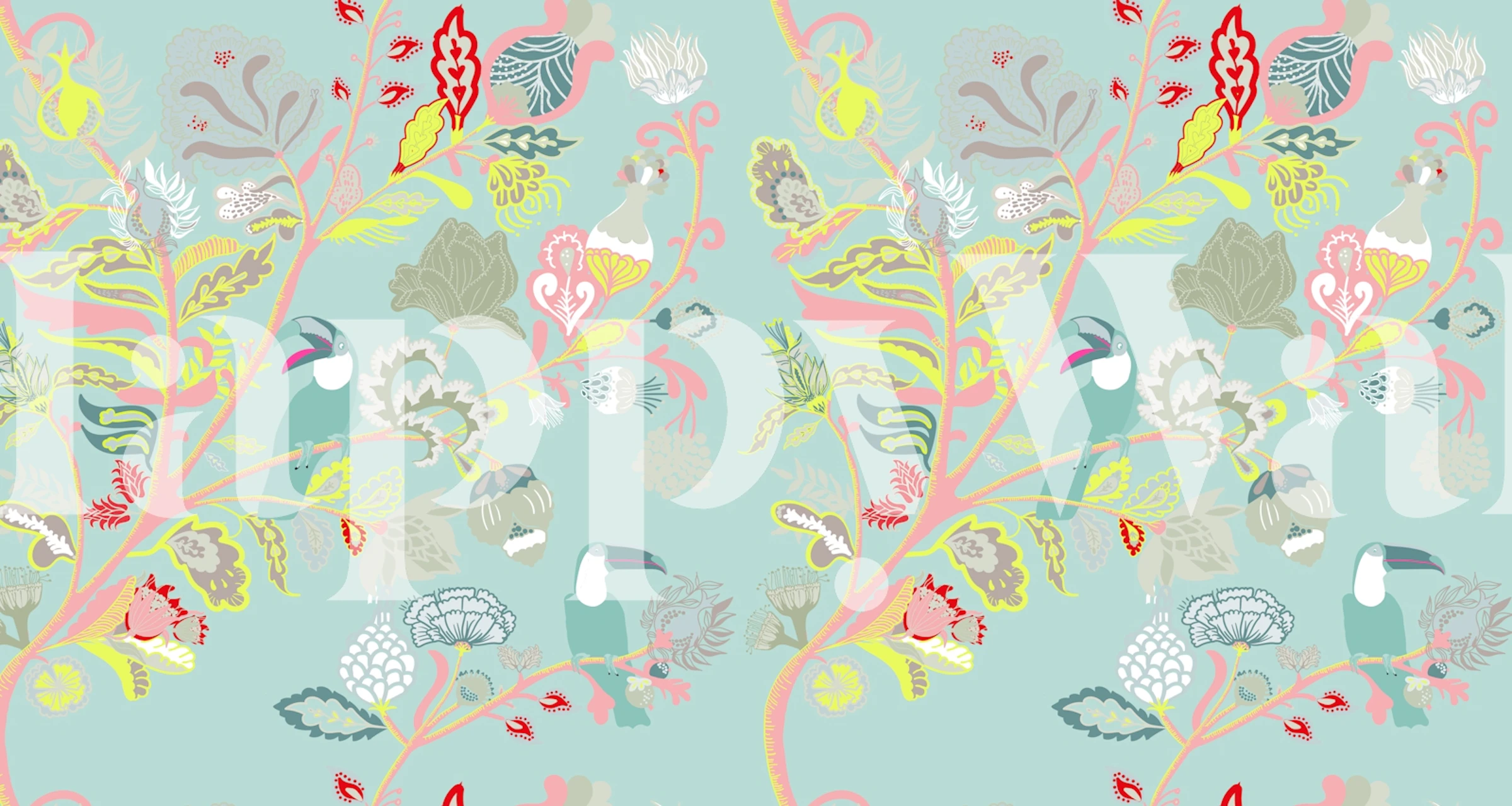 Toucans Indienne in Teal Tapete in einem Raum