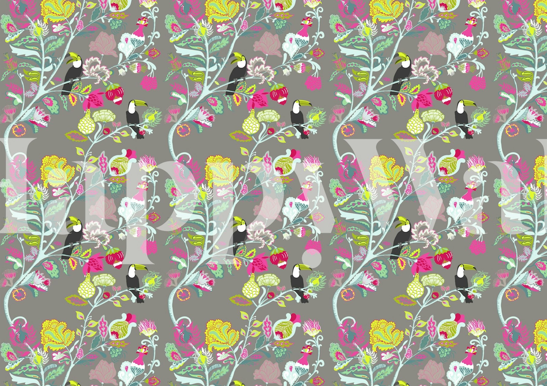 Colorful toucan and floral wallpaper on a grey background