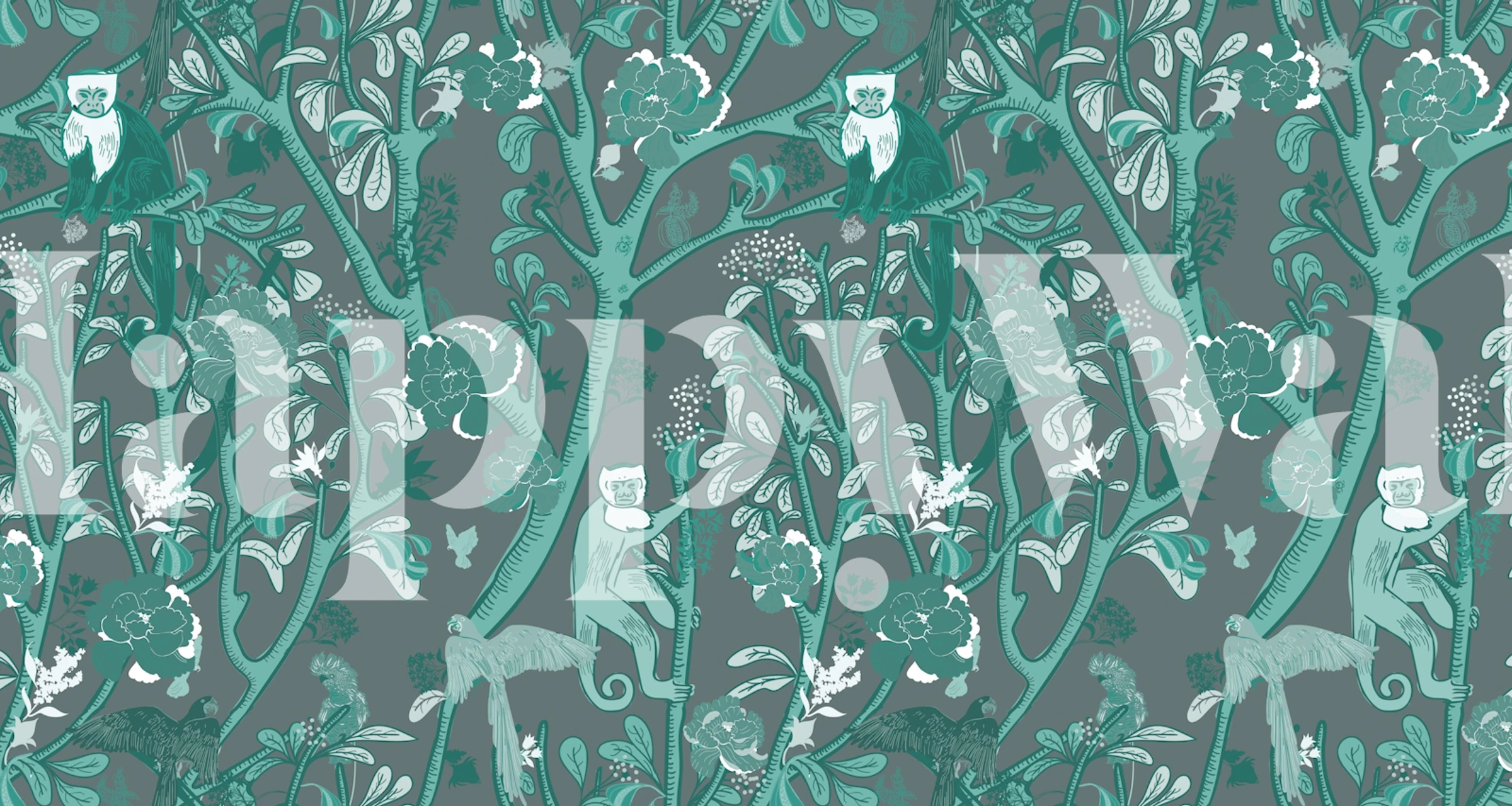 Capuchin monkeys in grey and teal foliage wallpaper