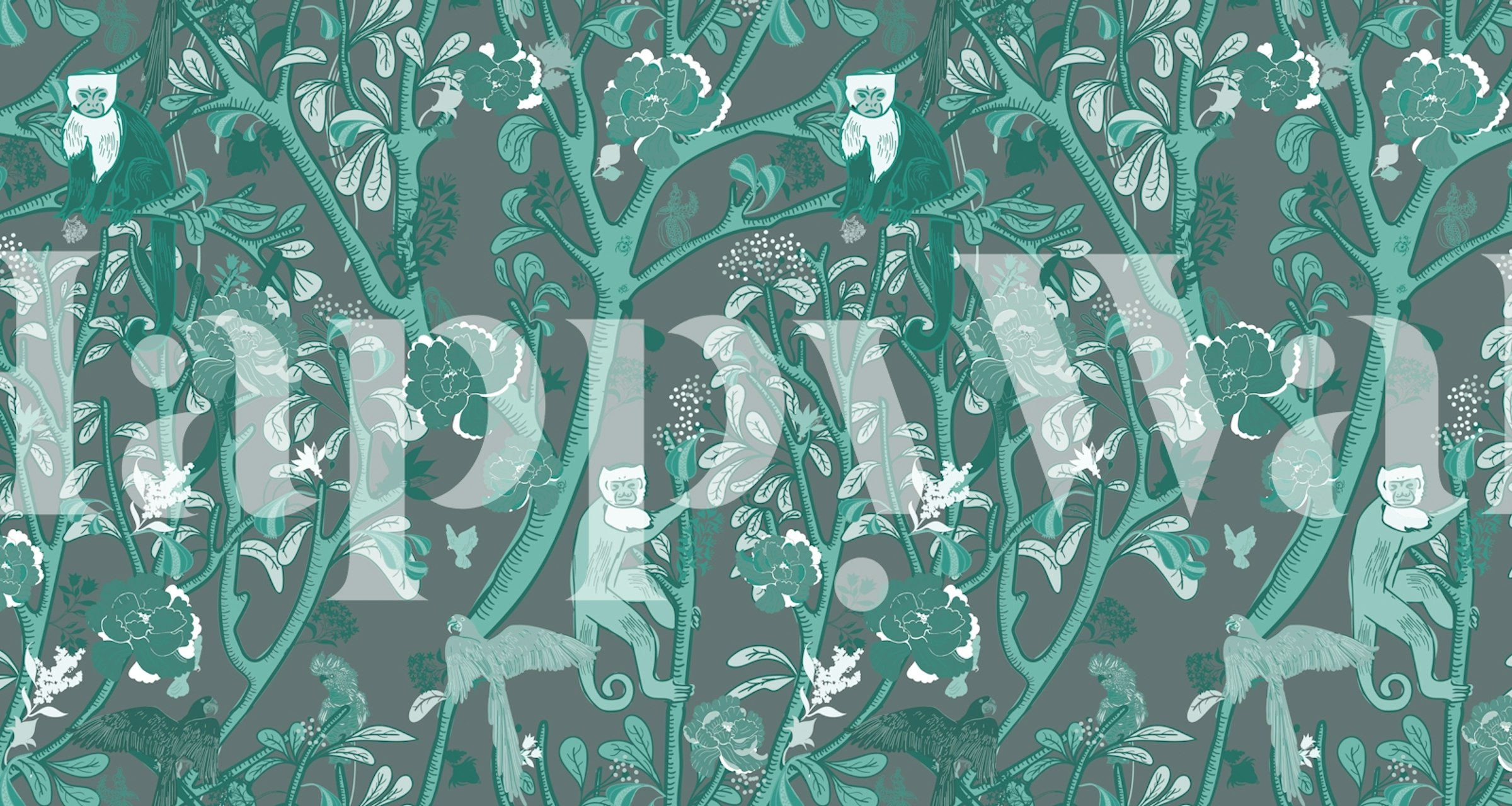 Capuchin monkeys in grey and teal foliage wallpaper