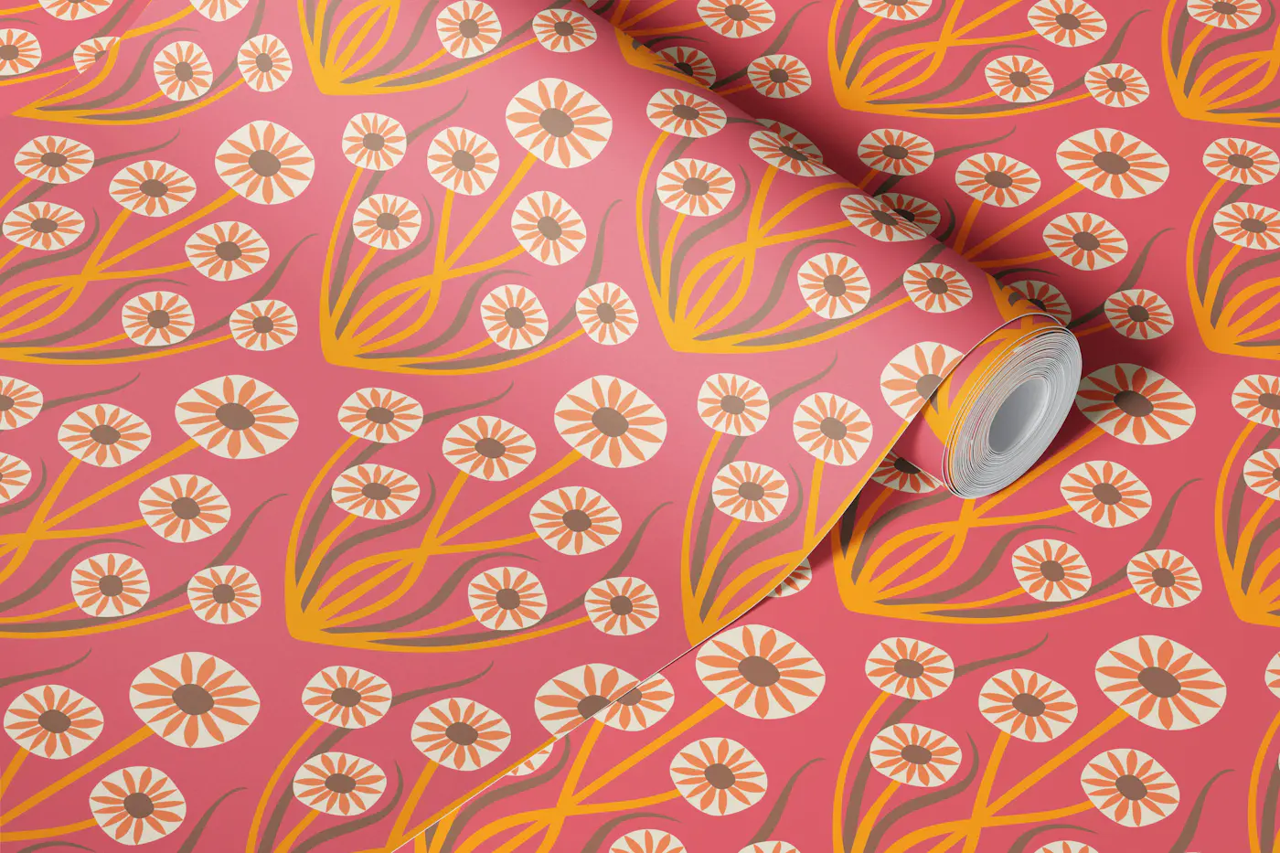 Retro Daisy Symmetry - orange on pink - S wallpaper roll