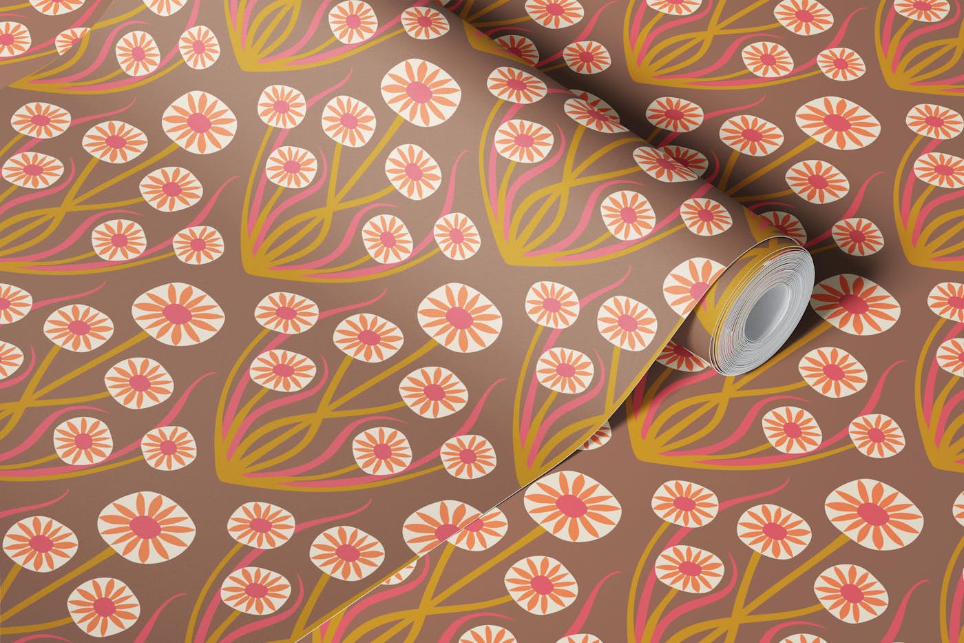 Retro Daisy Symmetry - cream on mocha - small wallpaper roll