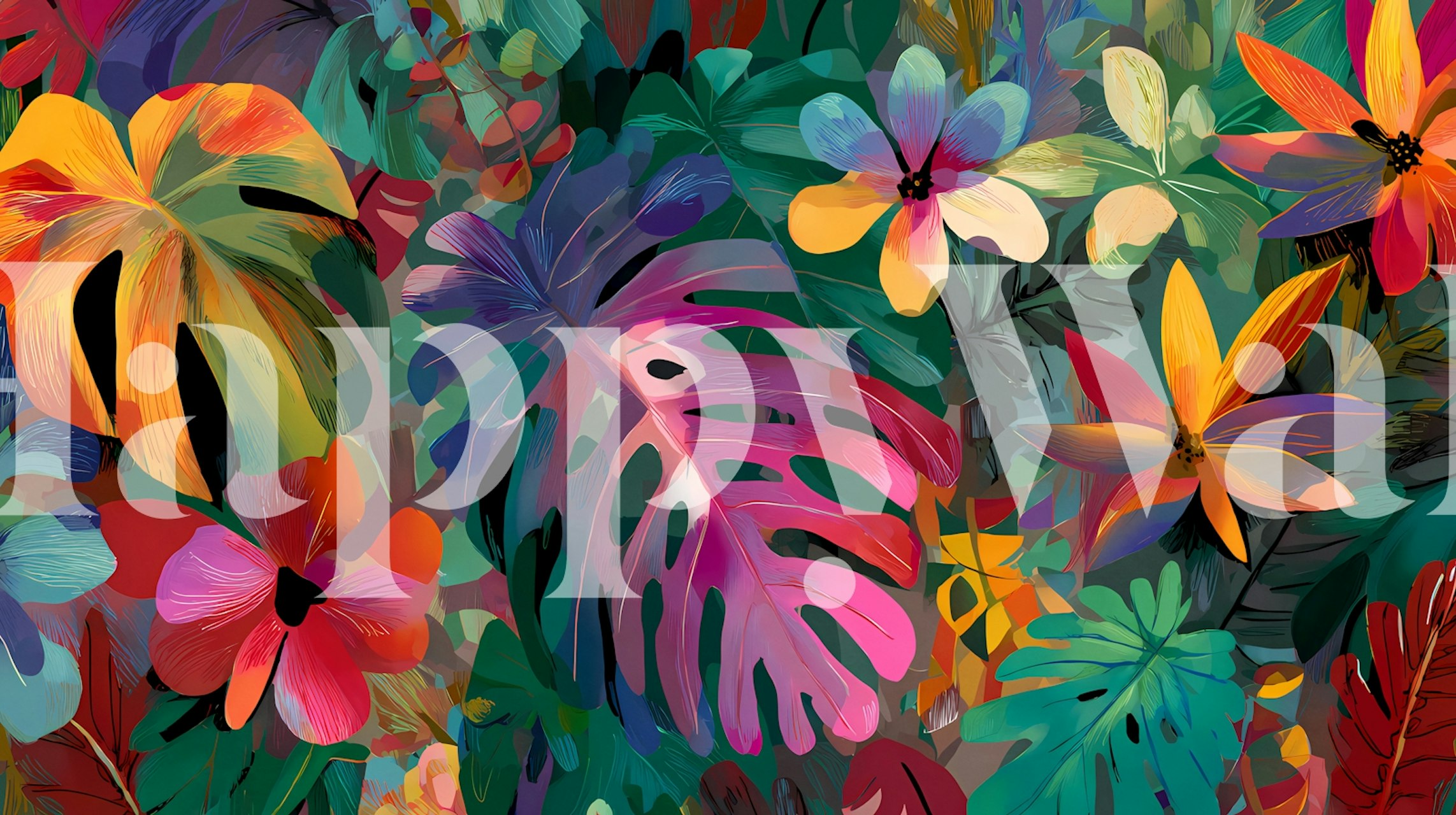 Colorful tropical leaves and flowers in various shades wallpaper